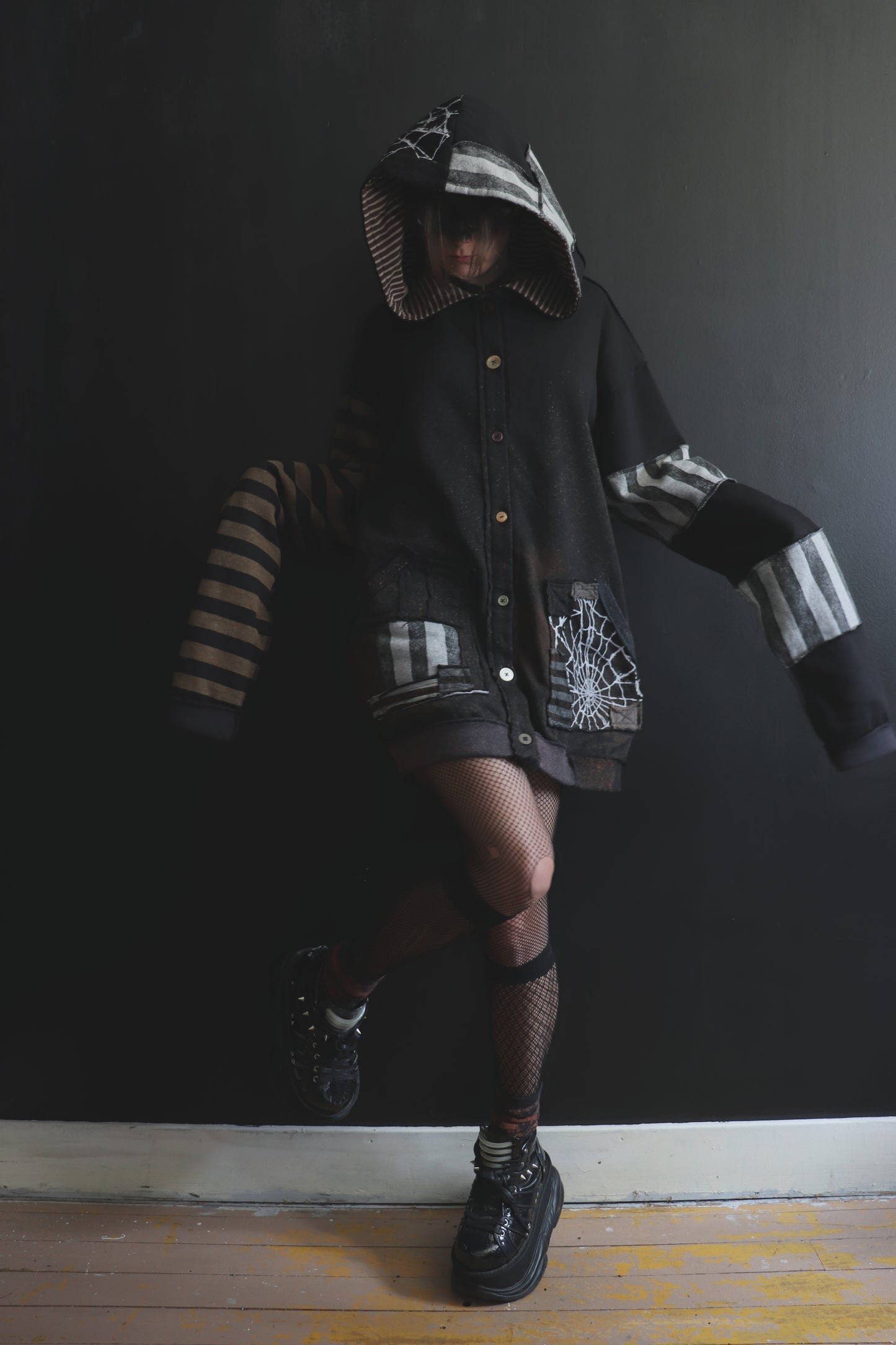 DidYouKnowImPrettyFunnyIfITry? (One Size) Patchwork Button Up Hoodie Mixed Up Stripes And Webs