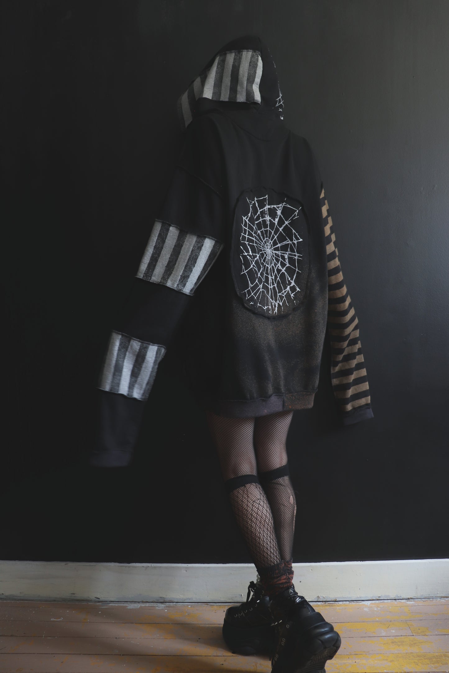 DidYouKnowImPrettyFunnyIfITry? (One Size) Patchwork Button Up Hoodie Mixed Up Stripes And Webs