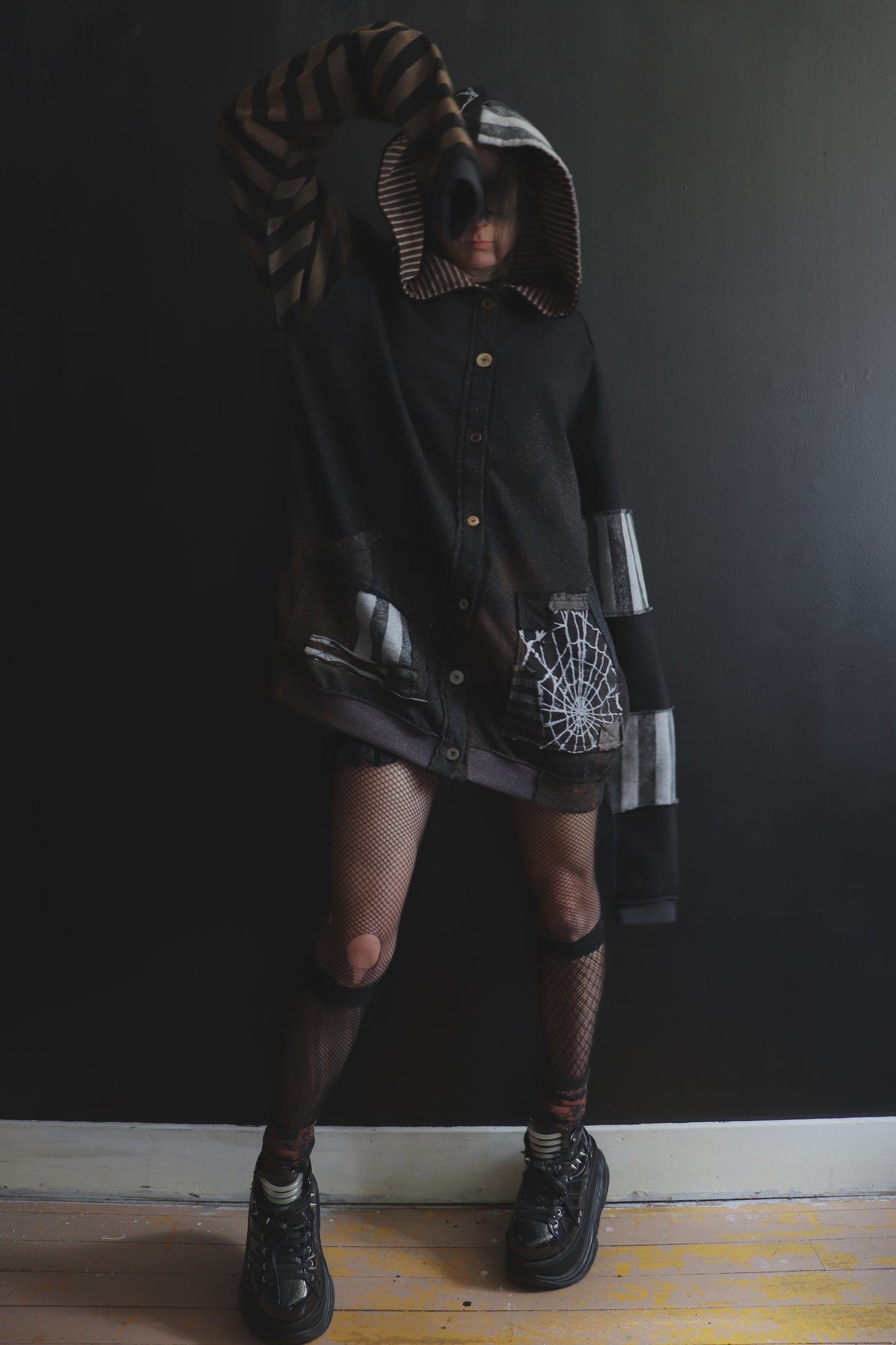 DidYouKnowImPrettyFunnyIfITry? (One Size) Patchwork Button Up Hoodie Mixed Up Stripes And Webs