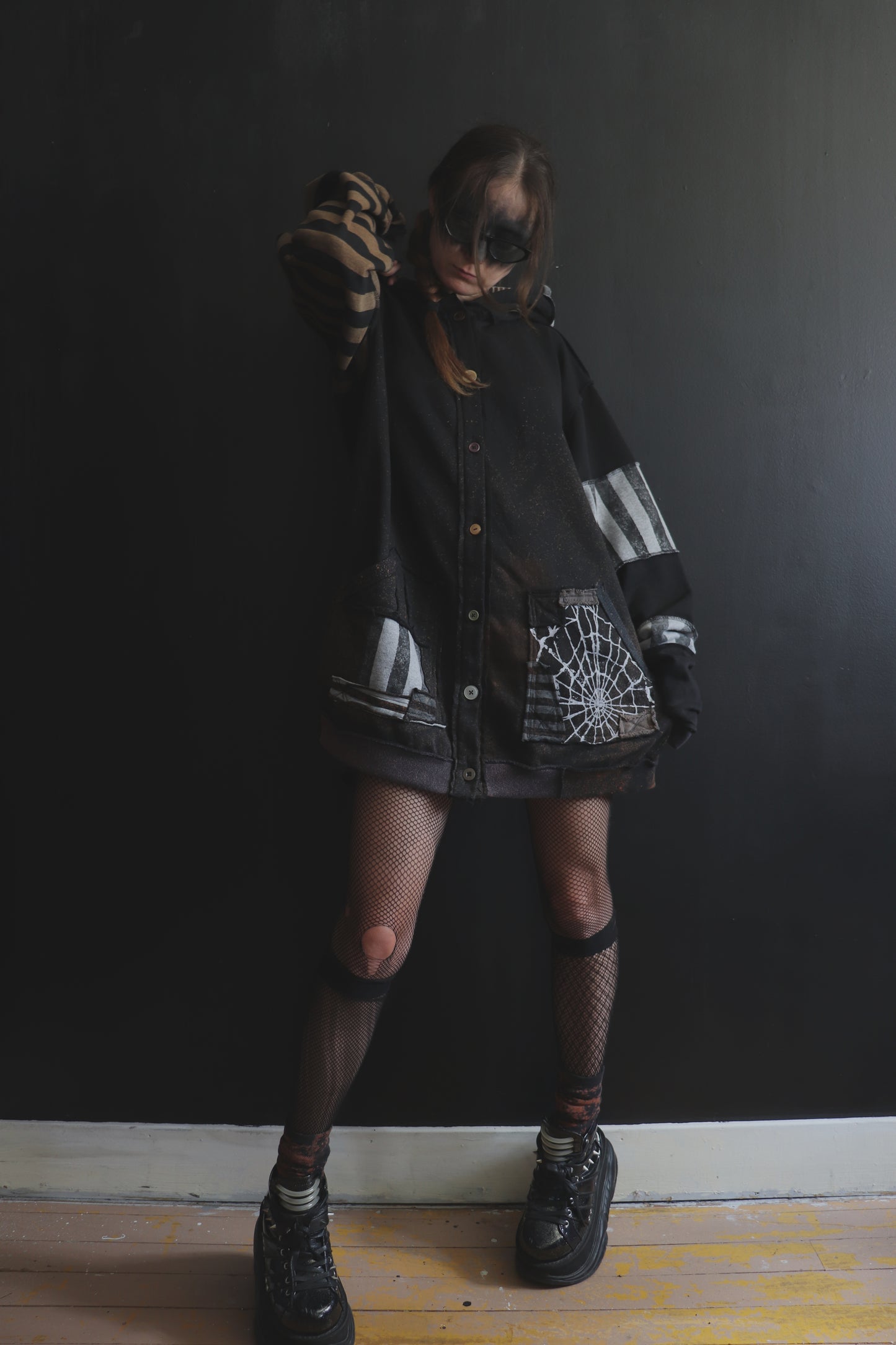 DidYouKnowImPrettyFunnyIfITry? (One Size) Patchwork Button Up Hoodie Mixed Up Stripes And Webs