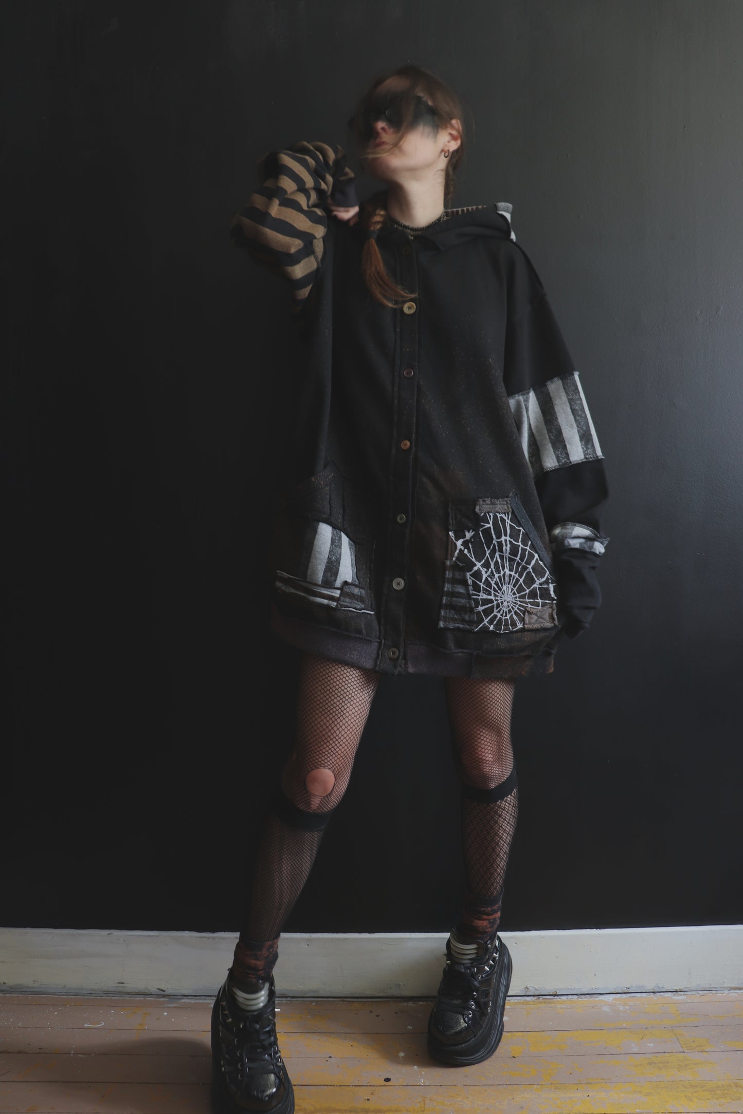 DidYouKnowImPrettyFunnyIfITry? (One Size) Patchwork Button Up Hoodie Mixed Up Stripes And Webs