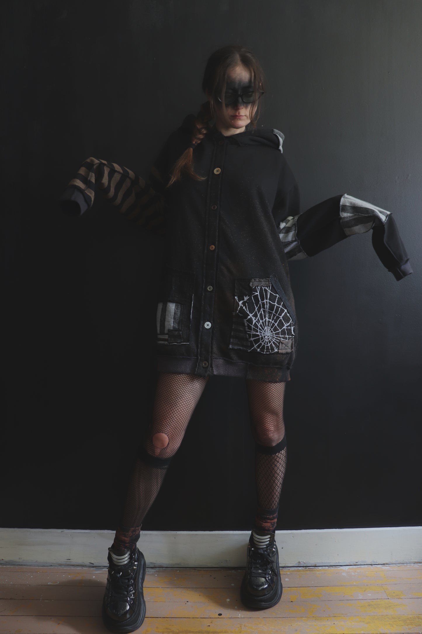 DidYouKnowImPrettyFunnyIfITry? (One Size) Patchwork Button Up Hoodie Mixed Up Stripes And Webs