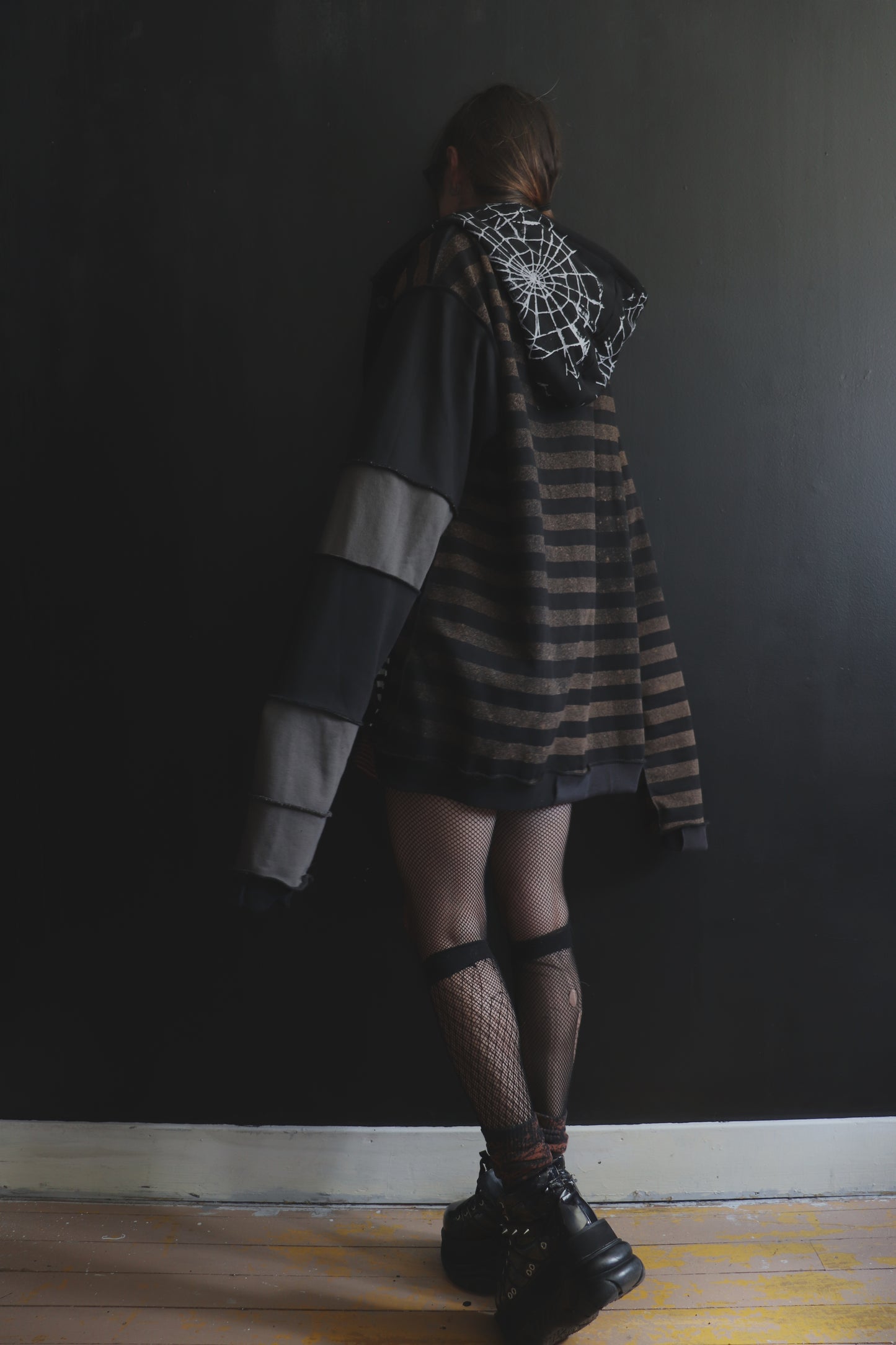 NeverThinkAboutYouAtAll (One Size) Patchwork Button Up Hoodie Stripes And Webs