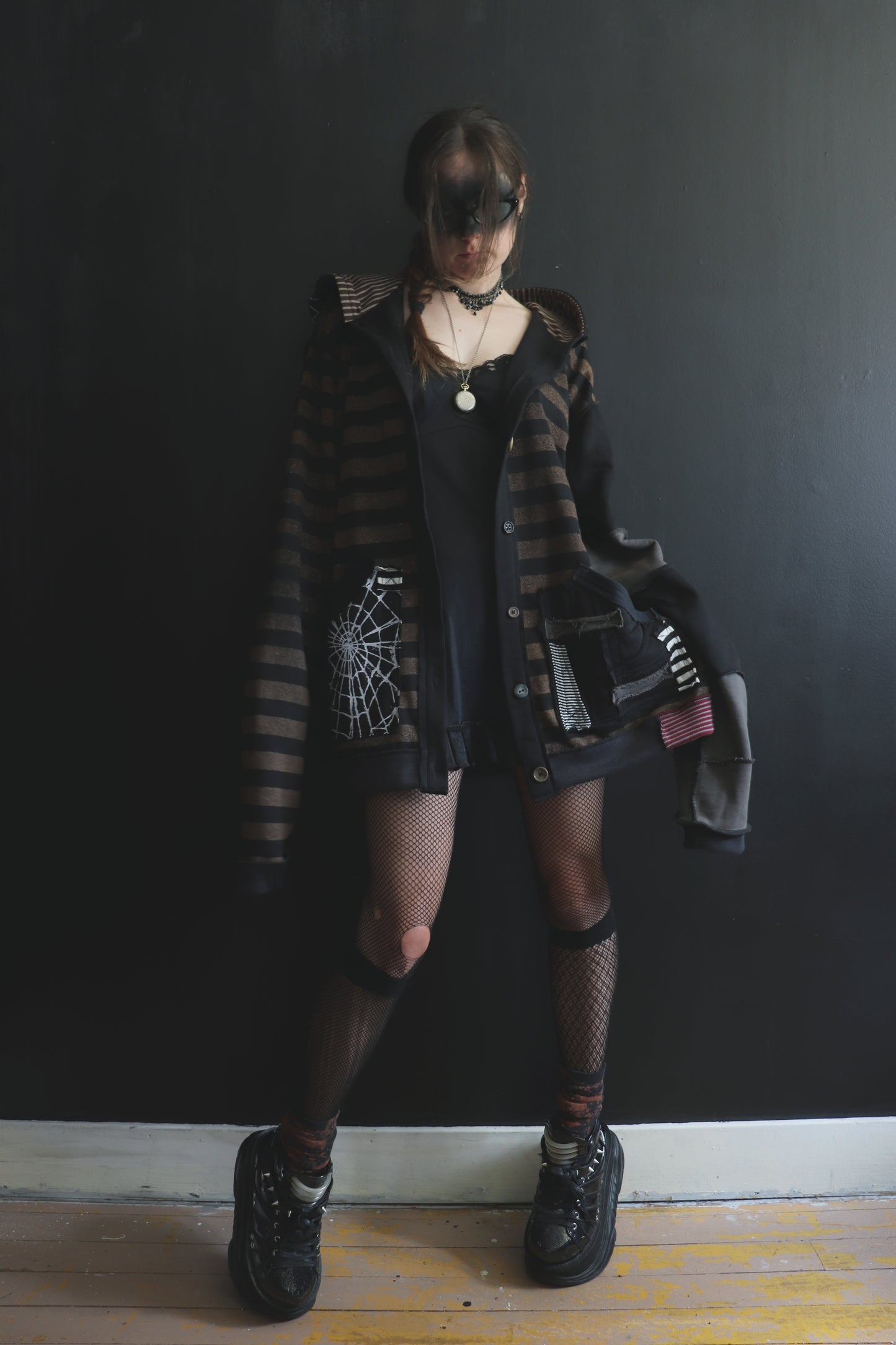 NeverThinkAboutYouAtAll (One Size) Patchwork Button Up Hoodie Stripes And Webs