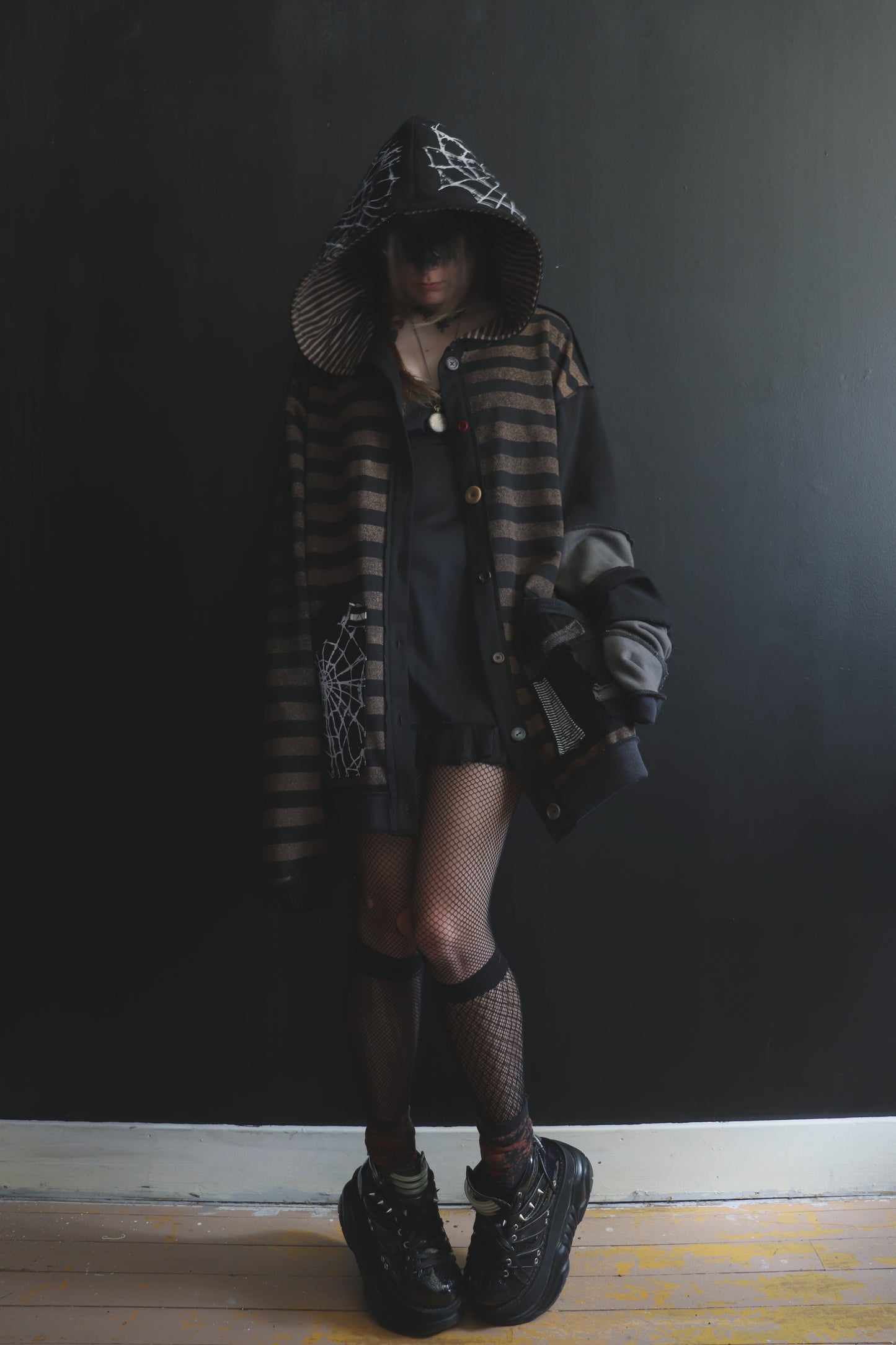NeverThinkAboutYouAtAll (One Size) Patchwork Button Up Hoodie Stripes And Webs