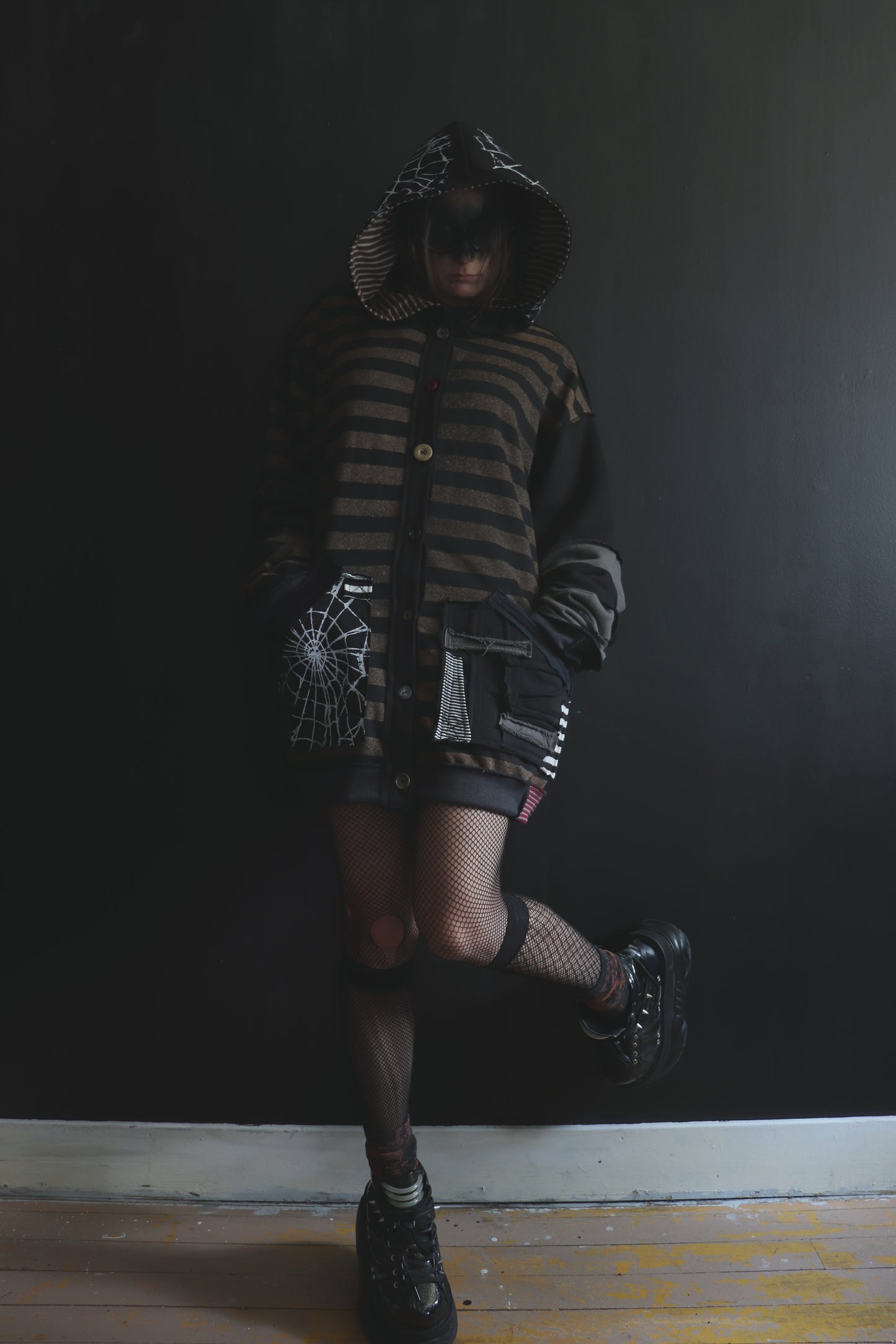 NeverThinkAboutYouAtAll (One Size) Patchwork Button Up Hoodie Stripes And Webs