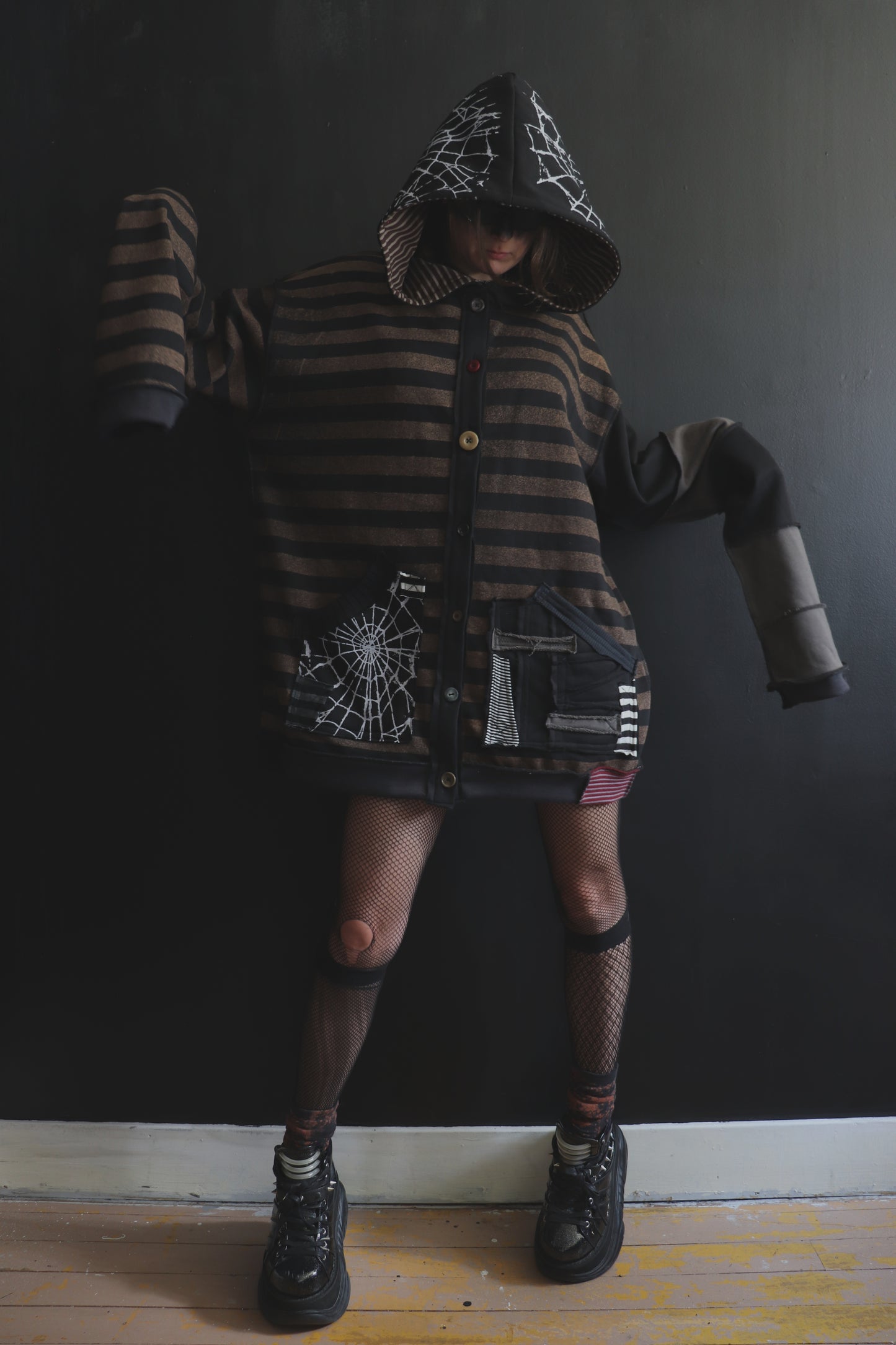 NeverThinkAboutYouAtAll (One Size) Patchwork Button Up Hoodie Stripes And Webs