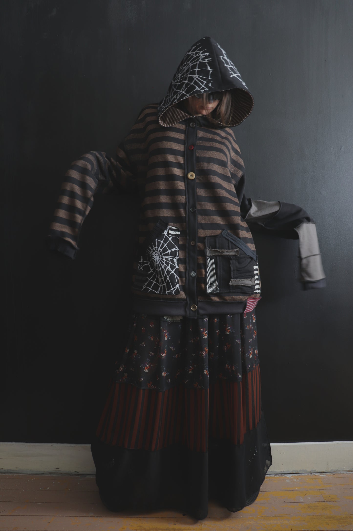 NeverThinkAboutYouAtAll (One Size) Patchwork Button Up Hoodie Stripes And Webs