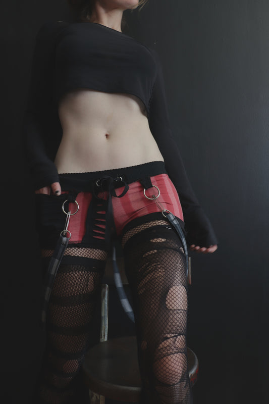 HeyItsComingUpRoses (S) Cotton Knit Patchwork Tattered Micro Shorts Circus Stripes