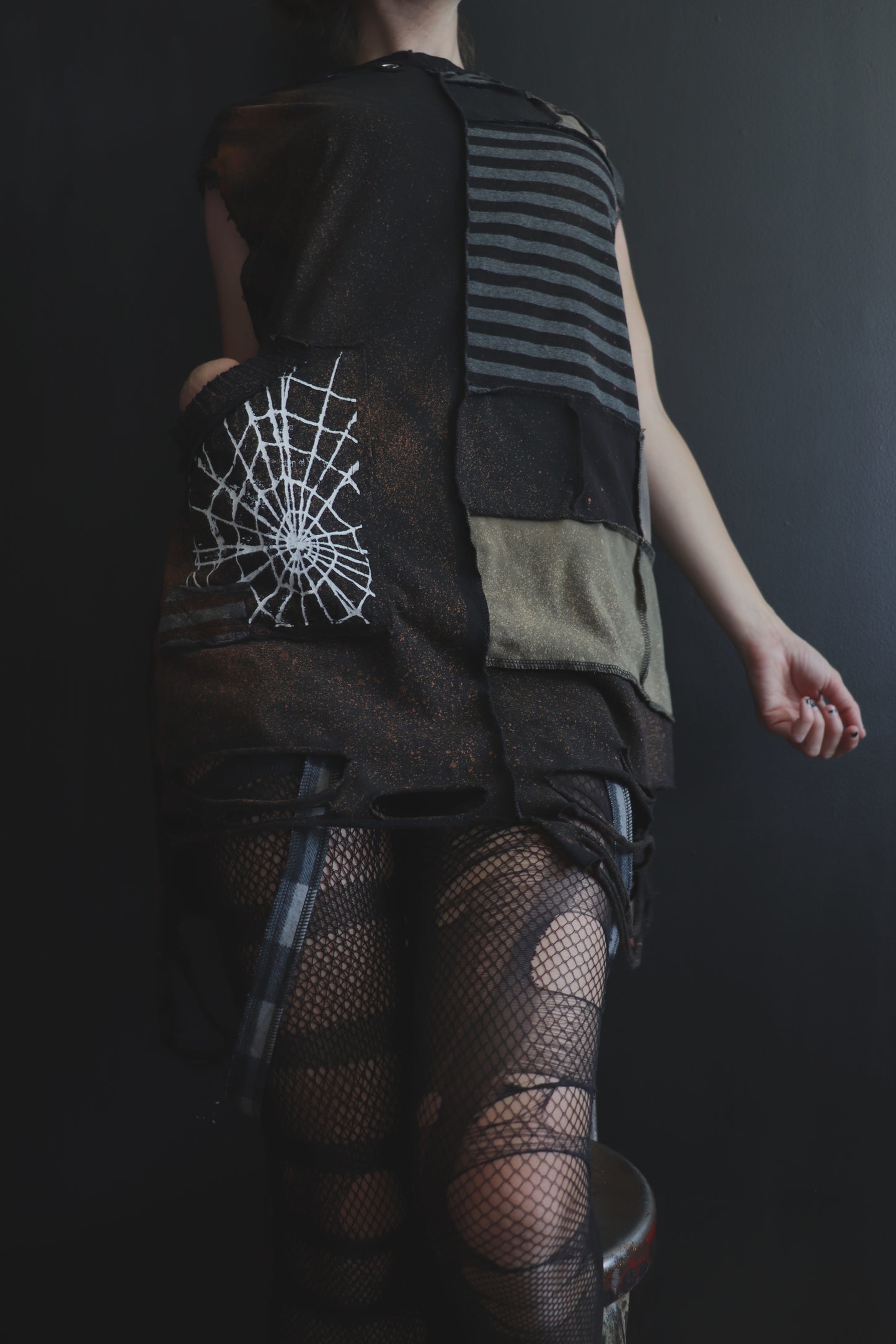 BadThingsHappenAllTheTime (L) Patchwork Tattered Sleeveless Spiderweb Dude Shirt