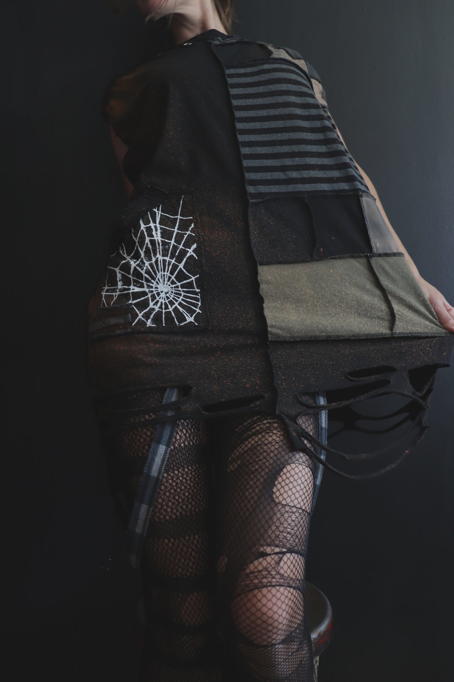 BadThingsHappenAllTheTime (L) Patchwork Tattered Sleeveless Spiderweb Dude Shirt