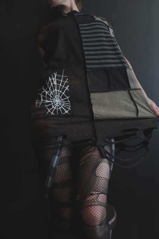 BadThingsHappenAllTheTime (L) Patchwork Tattered Sleeveless Spiderweb Dude Shirt