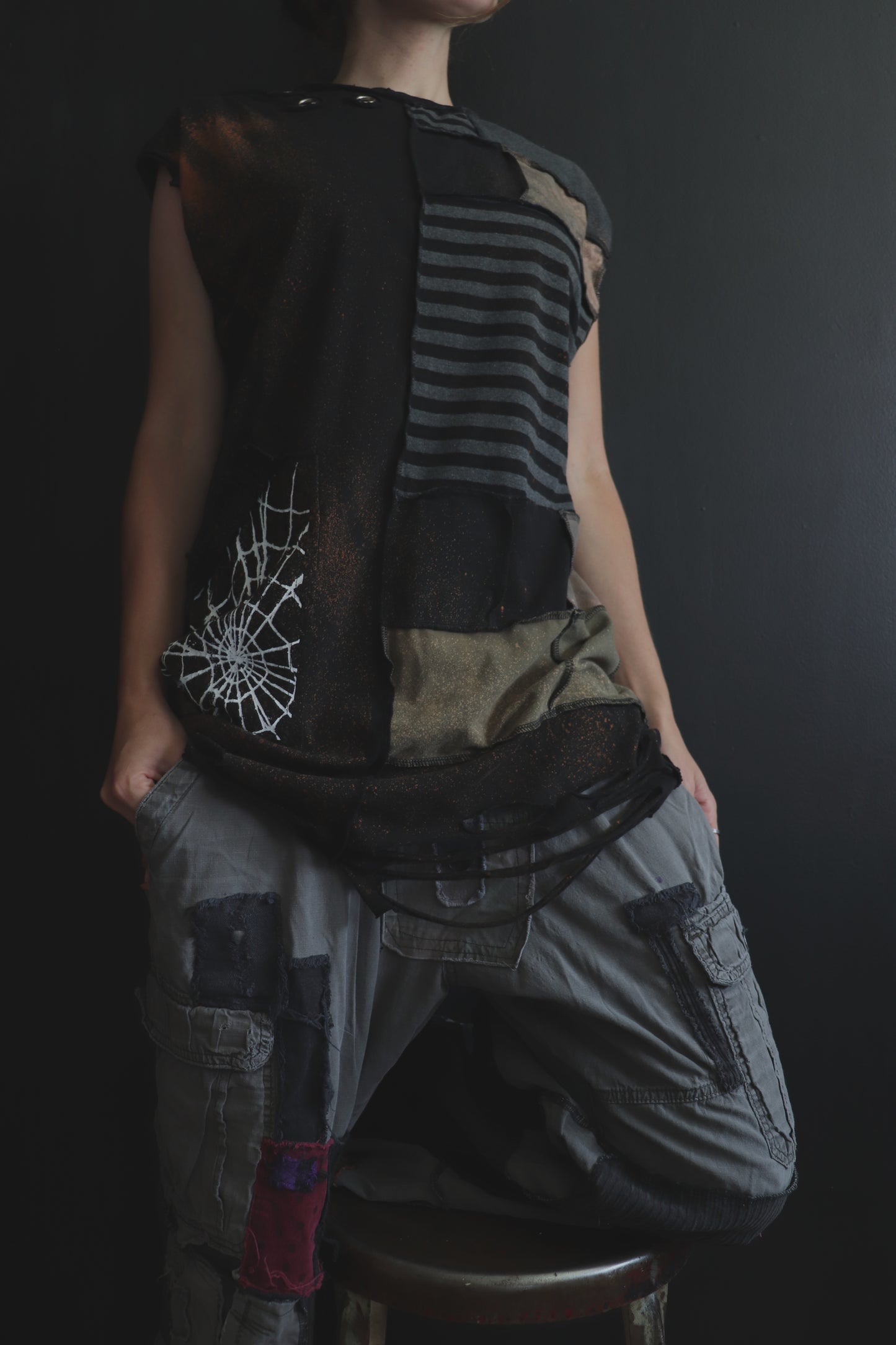BadThingsHappenAllTheTime (L) Patchwork Tattered Sleeveless Spiderweb Dude Shirt
