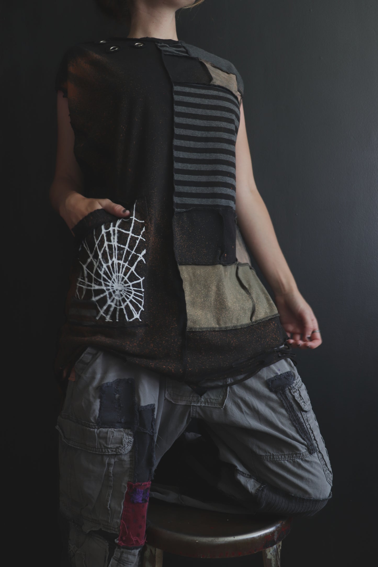 BadThingsHappenAllTheTime (L) Patchwork Tattered Sleeveless Spiderweb Dude Shirt