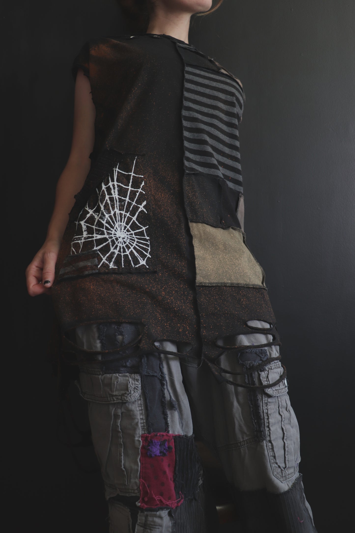 BadThingsHappenAllTheTime (L) Patchwork Tattered Sleeveless Spiderweb Dude Shirt