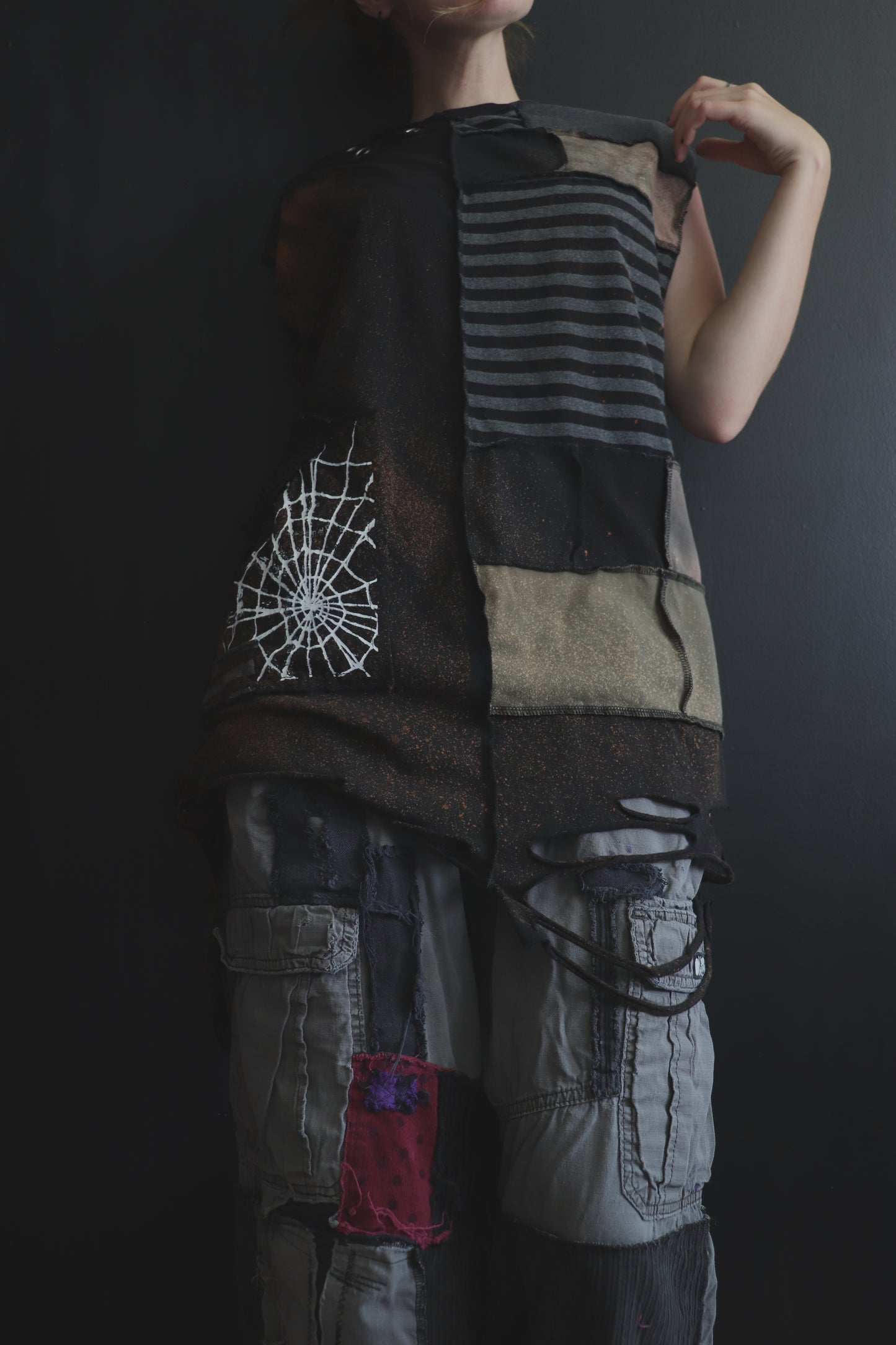 BadThingsHappenAllTheTime (L) Patchwork Tattered Sleeveless Spiderweb Dude Shirt