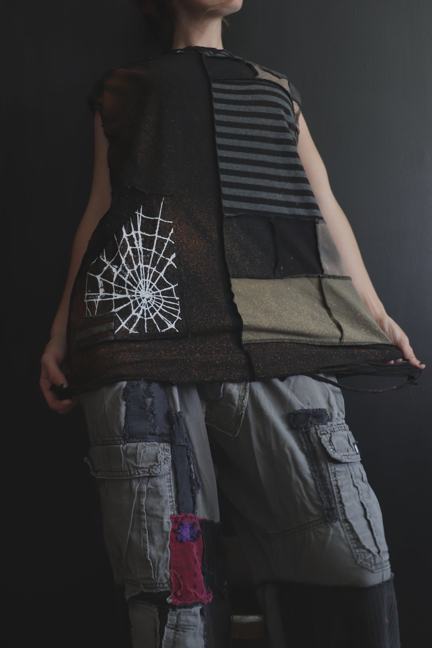 BadThingsHappenAllTheTime (L) Patchwork Tattered Sleeveless Spiderweb Dude Shirt