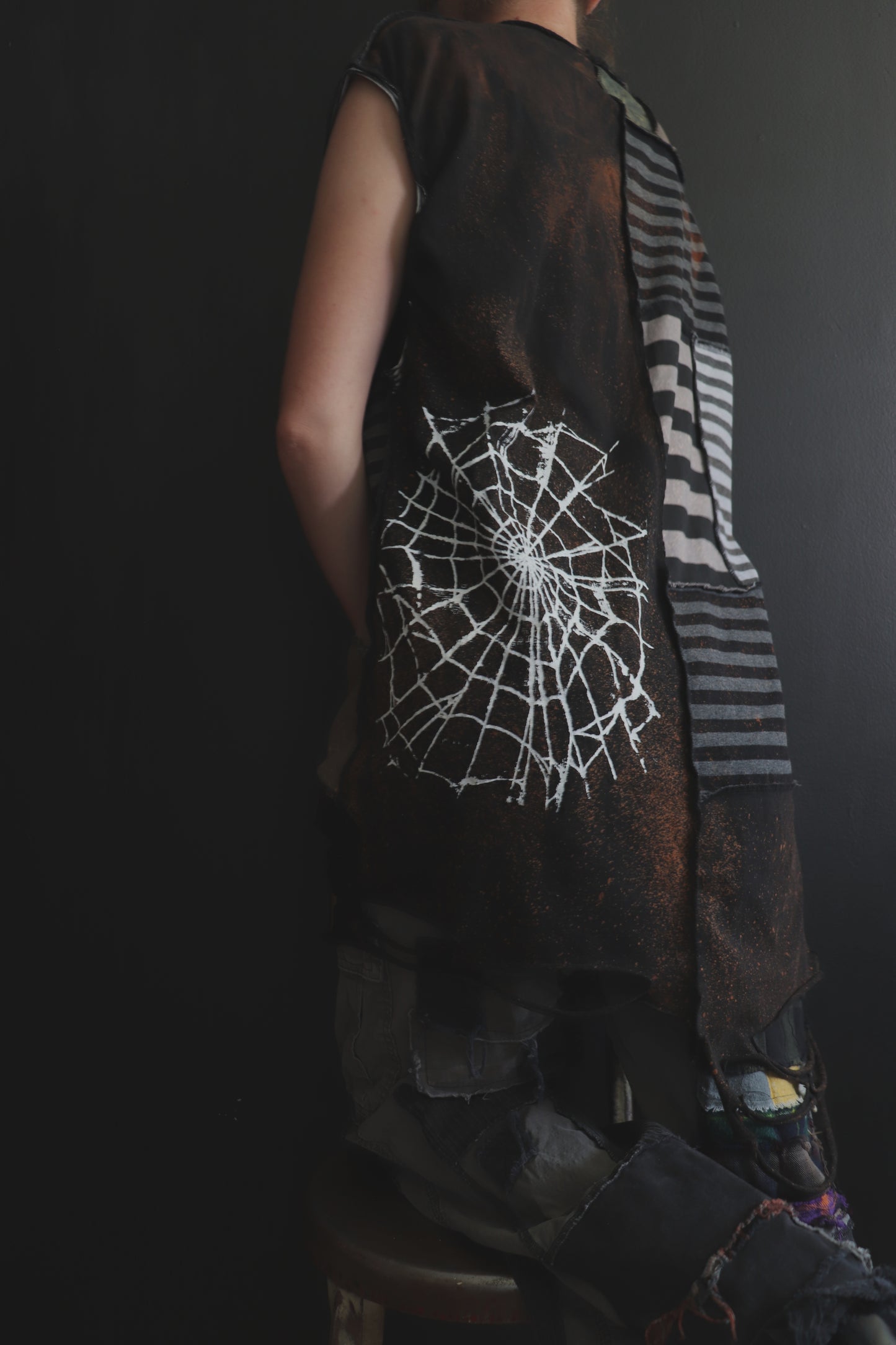 BadThingsHappenAllTheTime (L) Patchwork Tattered Sleeveless Spiderweb Dude Shirt