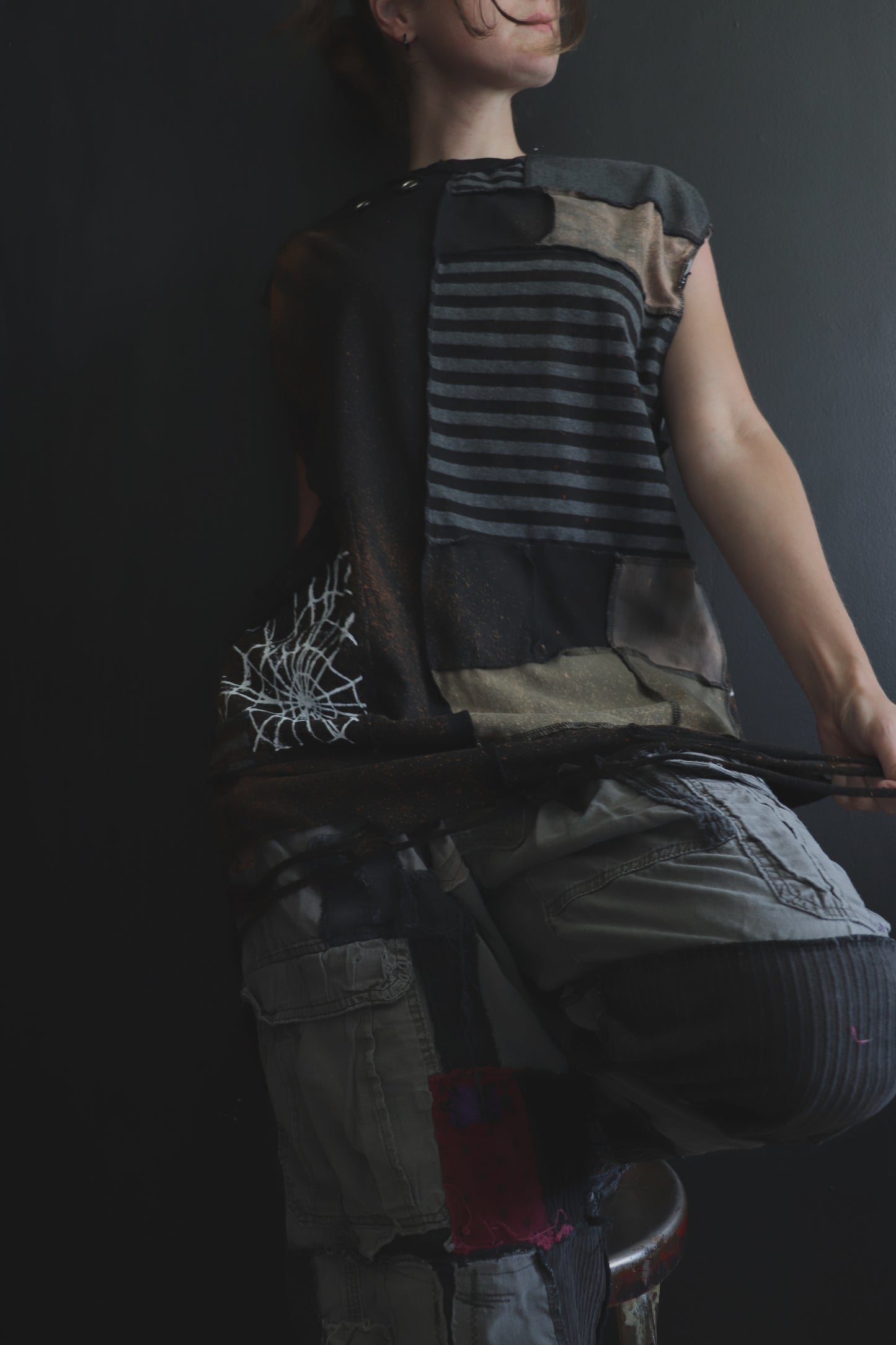 BadThingsHappenAllTheTime (L) Patchwork Tattered Sleeveless Spiderweb Dude Shirt