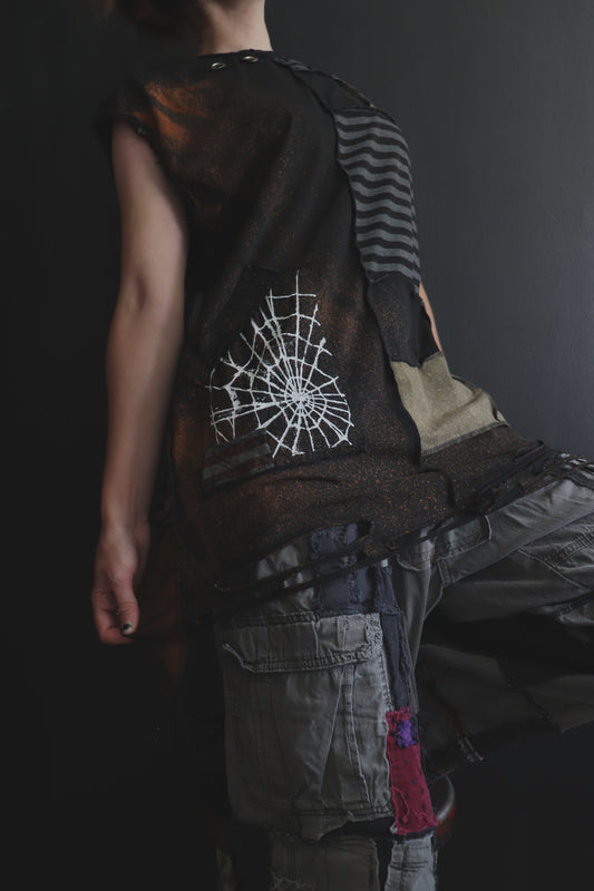 BadThingsHappenAllTheTime (L) Patchwork Tattered Sleeveless Spiderweb Dude Shirt