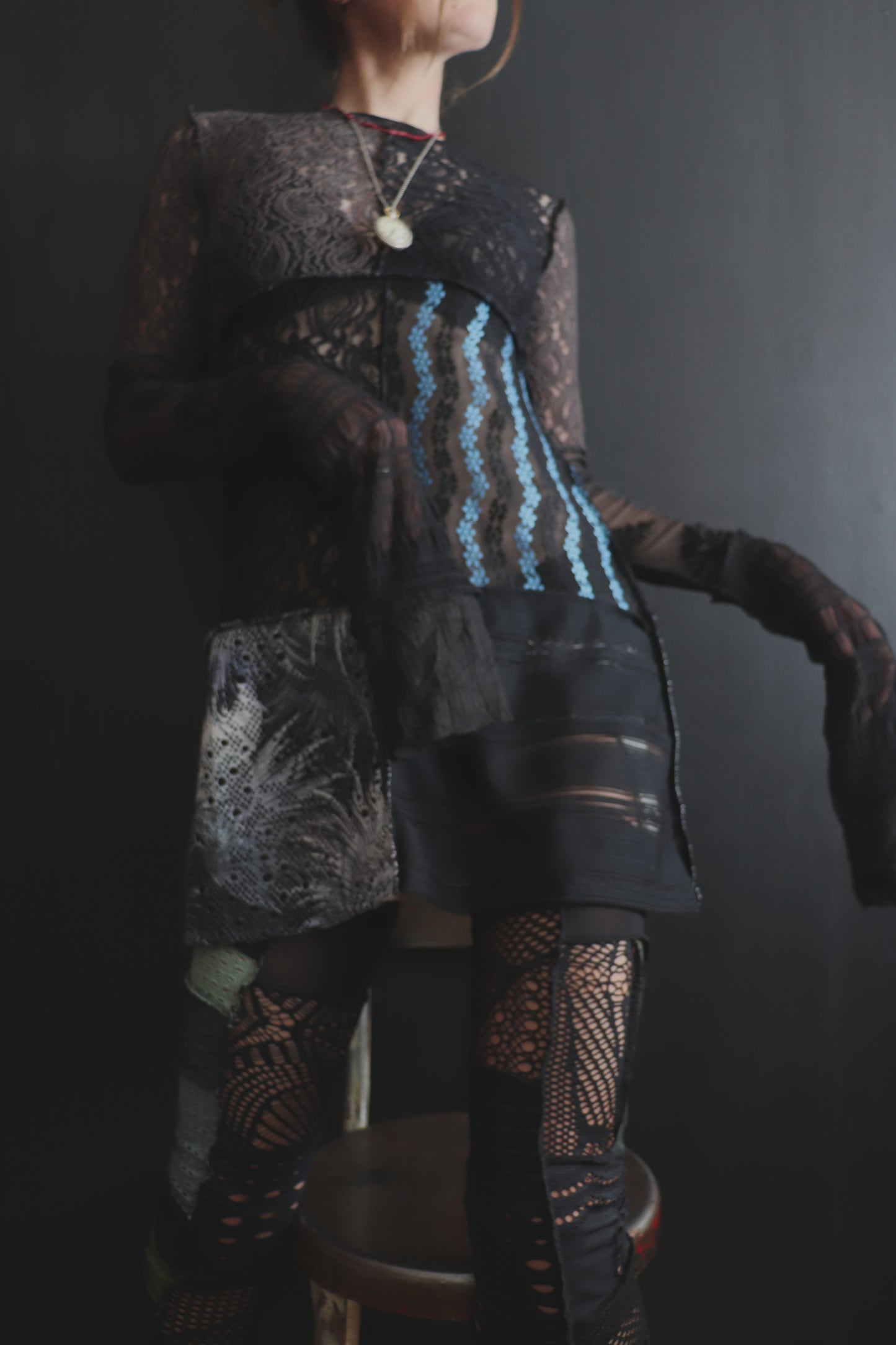 AndThenYoureFallingFurther (S, XL) Sheer Mod Mini Dress With Long Sleeves