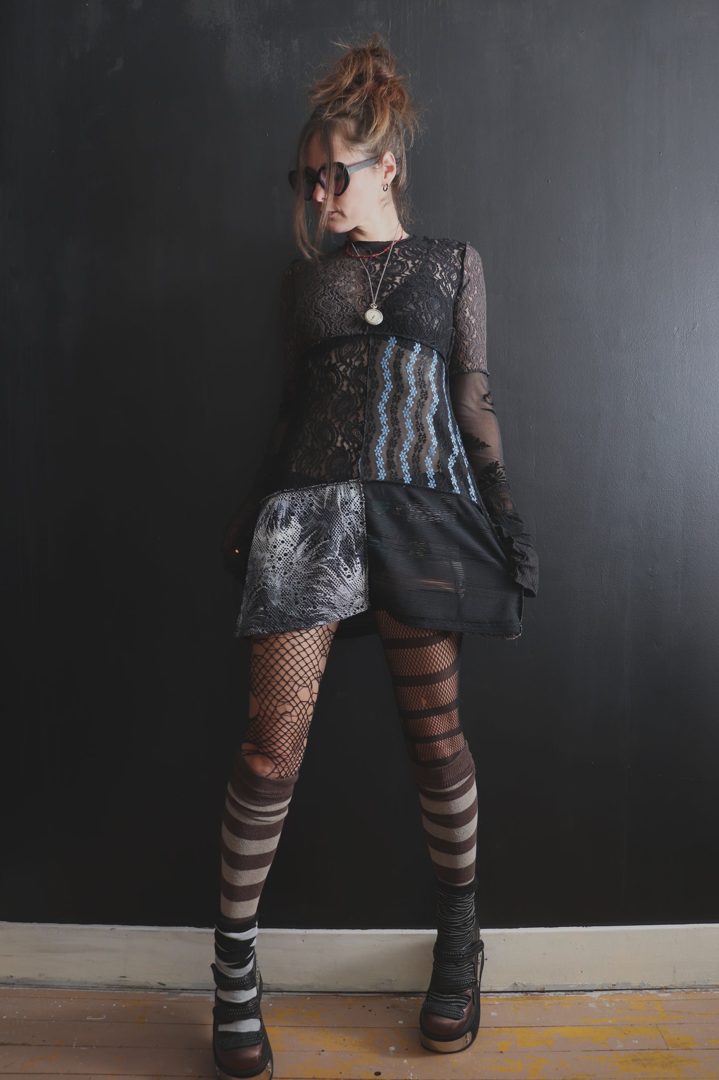 AndThenYoureFallingFurther (S, XL) Sheer Mod Mini Dress With Long Sleeves