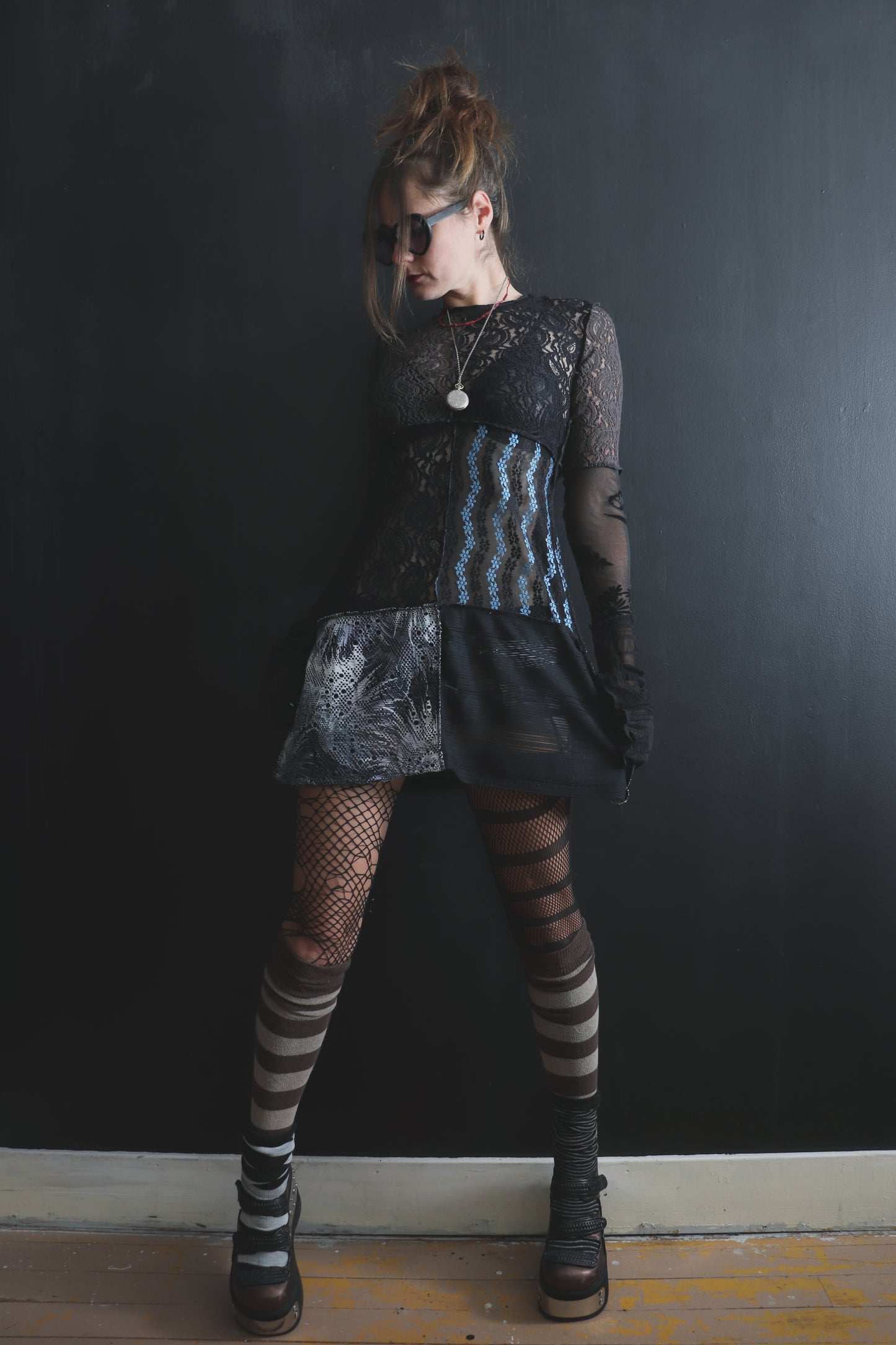 AndThenYoureFallingFurther (S, XL) Sheer Mod Mini Dress With Long Sleeves
