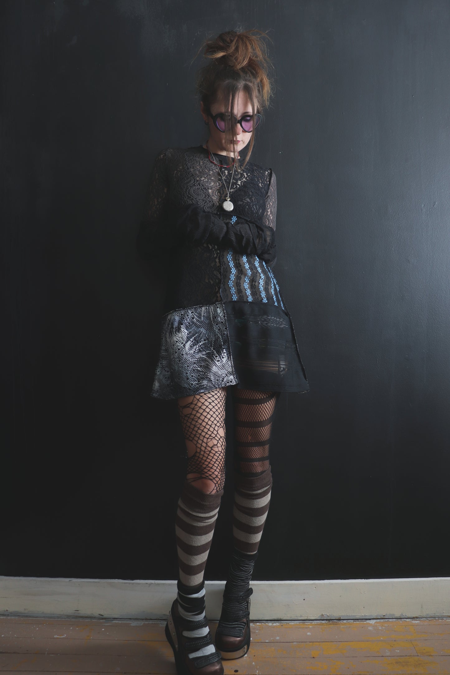 AndThenYoureFallingFurther (S, XL) Sheer Mod Mini Dress With Long Sleeves