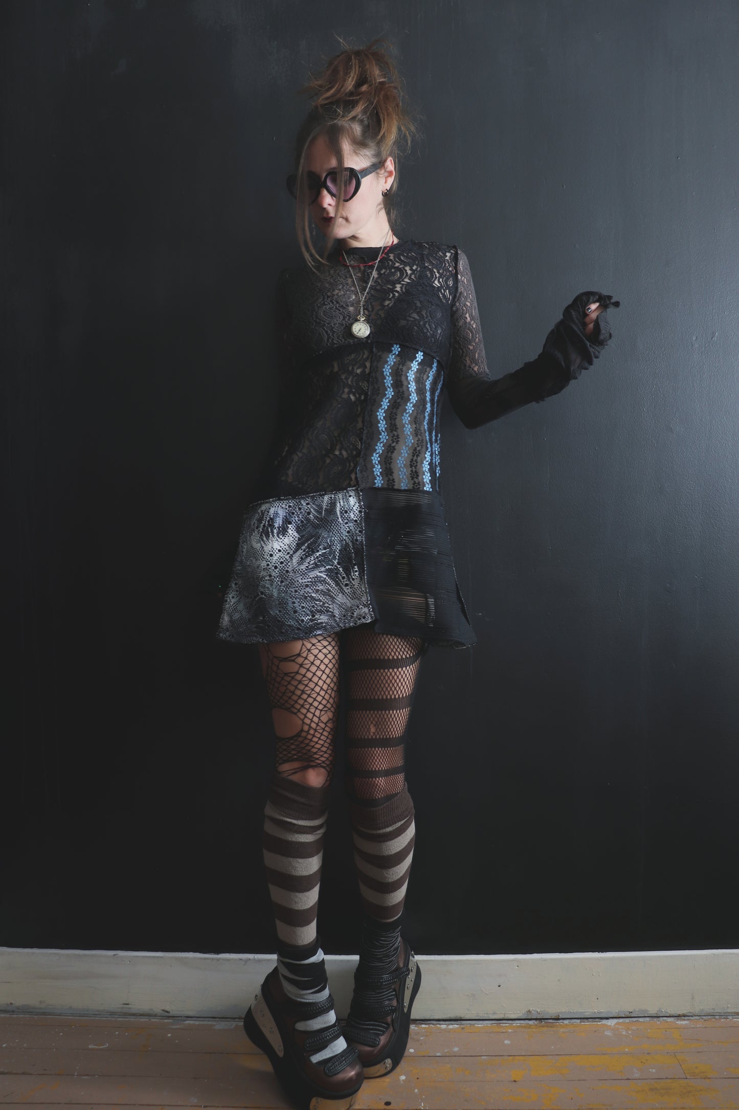 AndThenYoureFallingFurther (S, XL) Sheer Mod Mini Dress With Long Sleeves