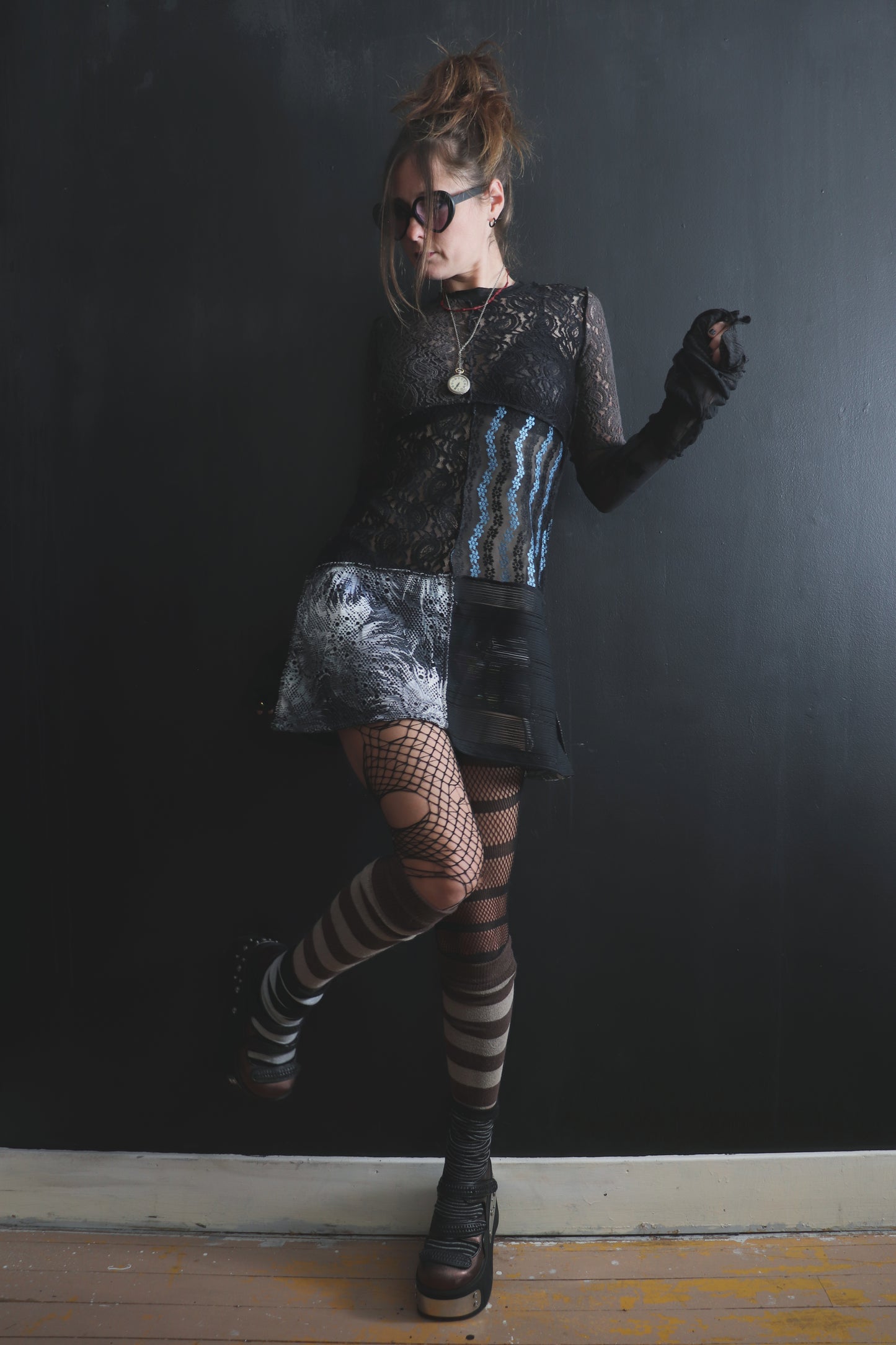 AndThenYoureFallingFurther (S, XL) Sheer Mod Mini Dress With Long Sleeves