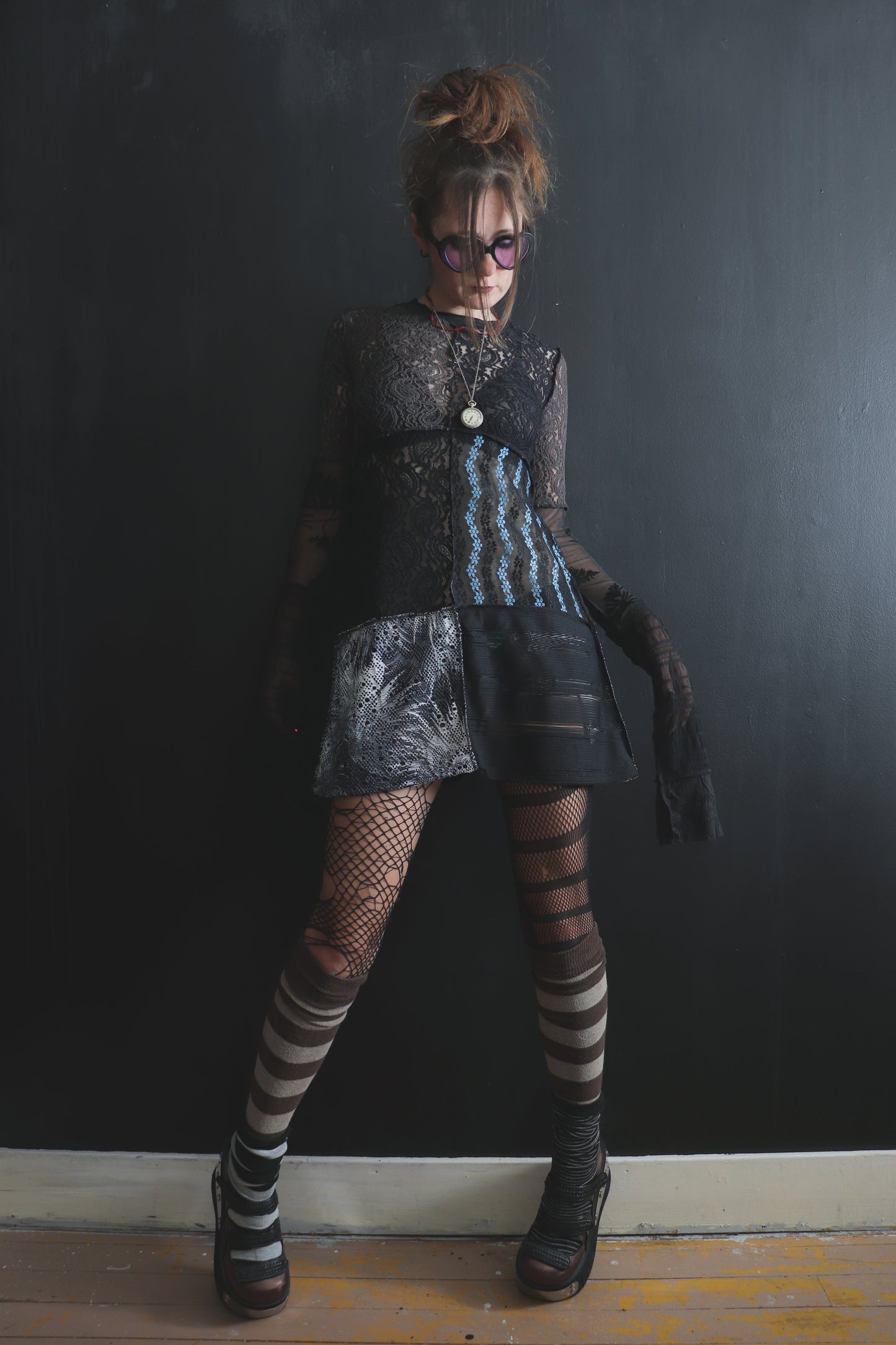 AndThenYoureFallingFurther (S, XL) Sheer Mod Mini Dress With Long Sleeves