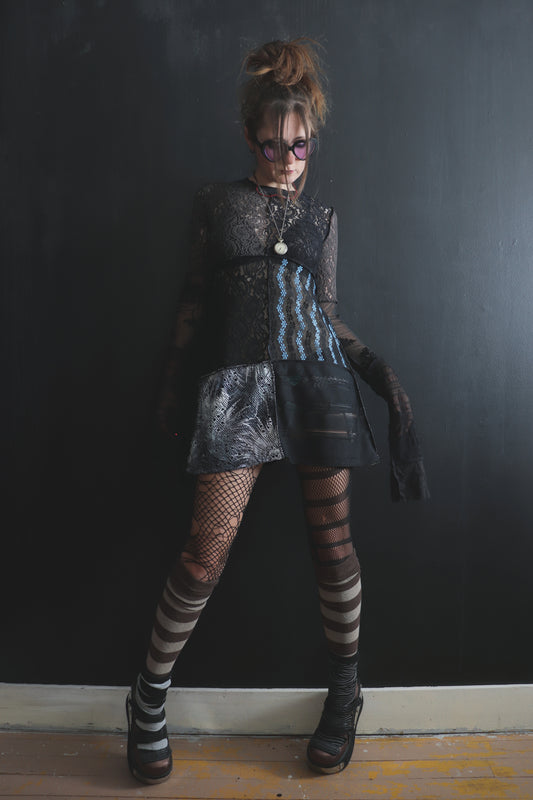 AndThenYoureFallingFurther (S) Sheer Mod Mini Dress With Long Sleeves