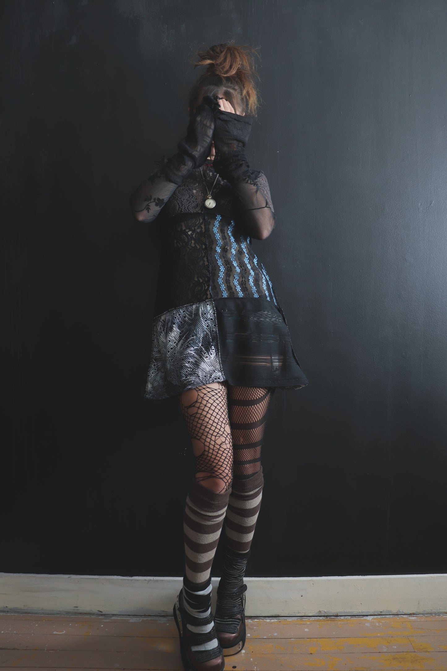 AndThenYoureFallingFurther (S, XL) Sheer Mod Mini Dress With Long Sleeves