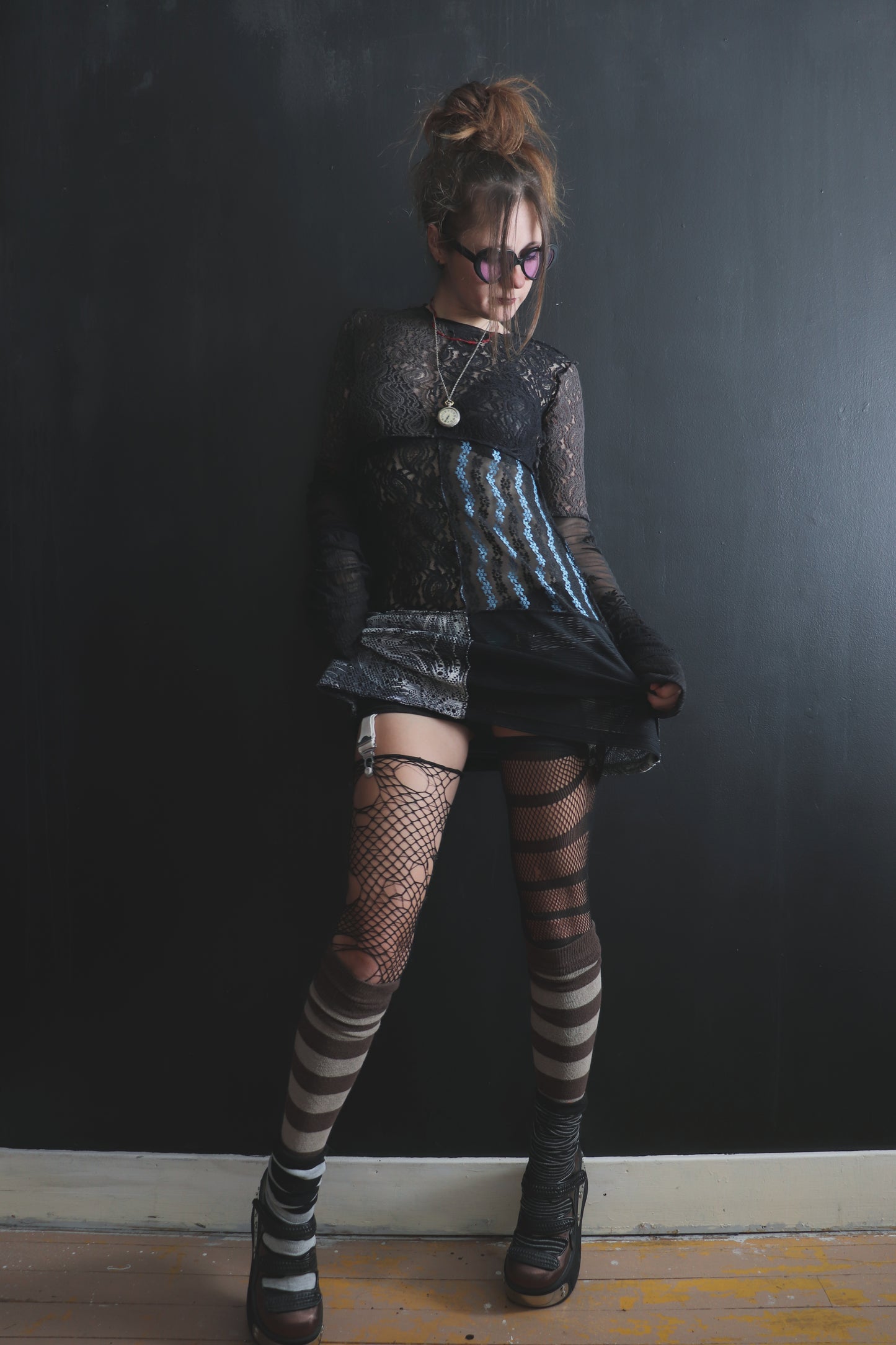 AndThenYoureFallingFurther (S, XL) Sheer Mod Mini Dress With Long Sleeves