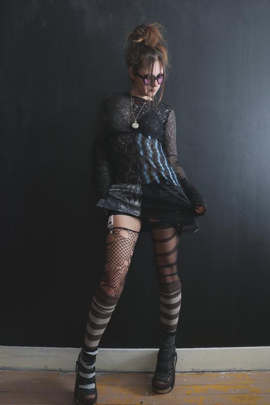 AndThenYoureFallingFurther (S) Sheer Mod Mini Dress With Long Sleeves
