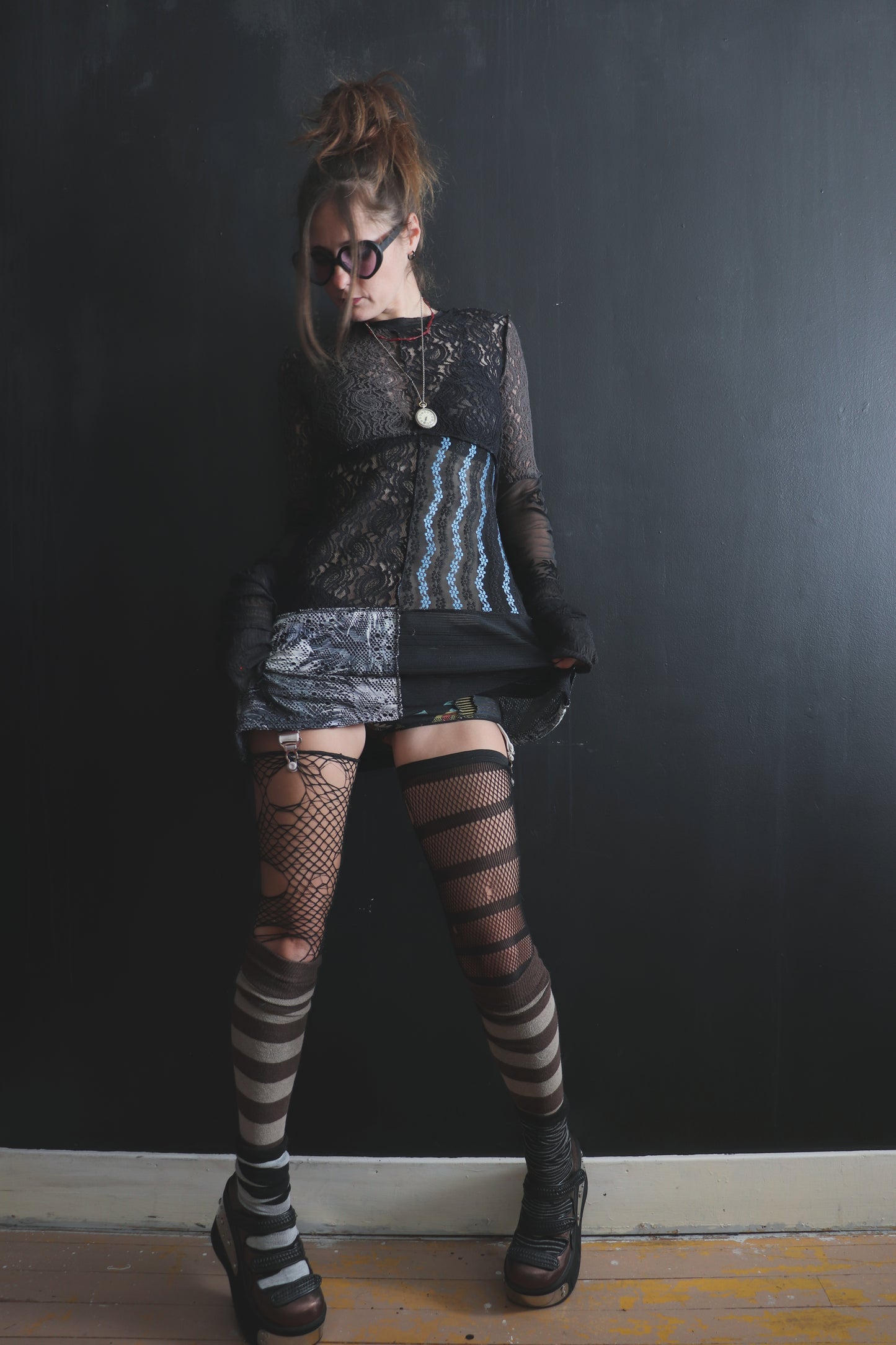 AndThenYoureFallingFurther (S, XL) Sheer Mod Mini Dress With Long Sleeves