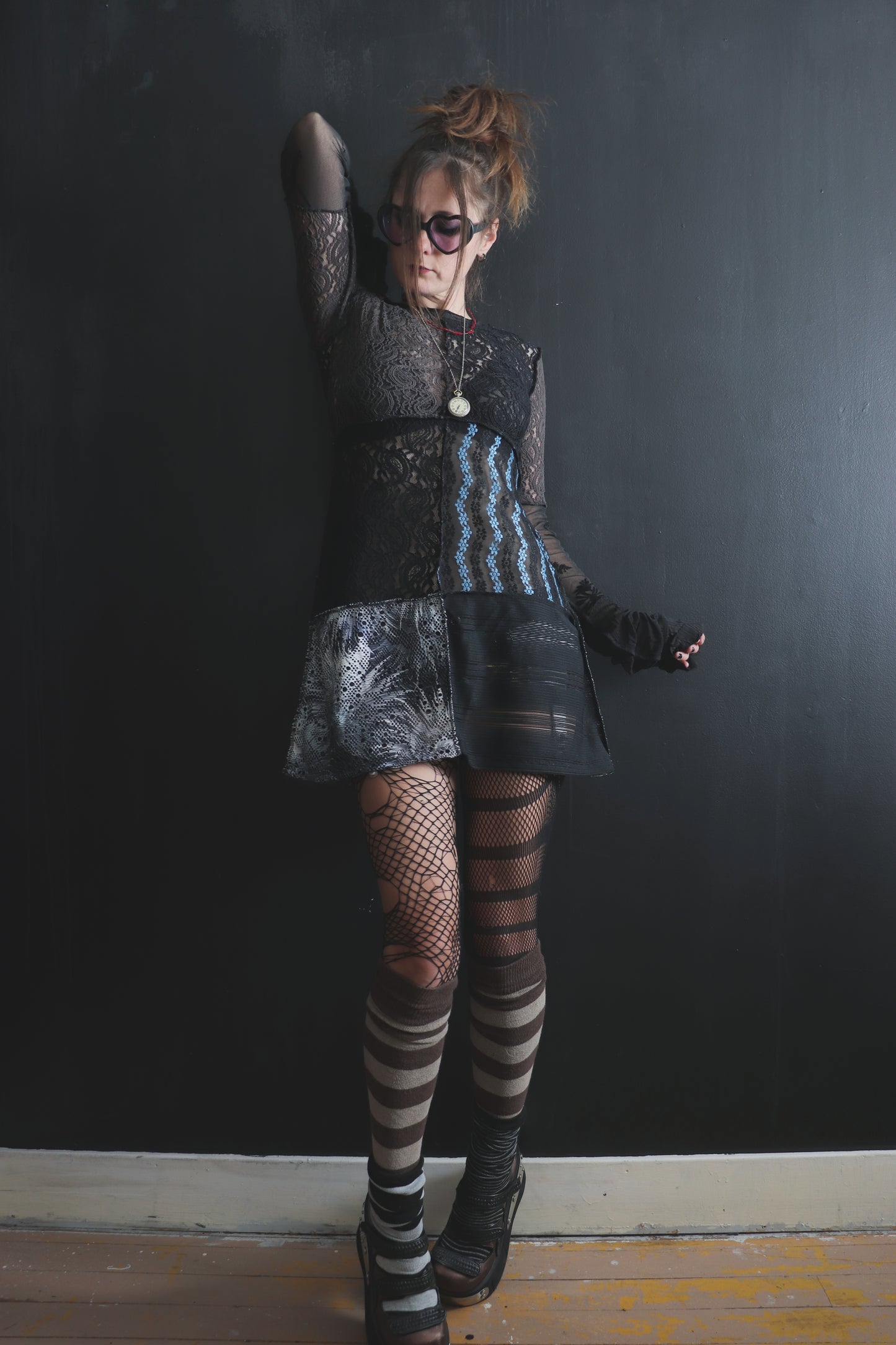 AndThenYoureFallingFurther (S, XL) Sheer Mod Mini Dress With Long Sleeves