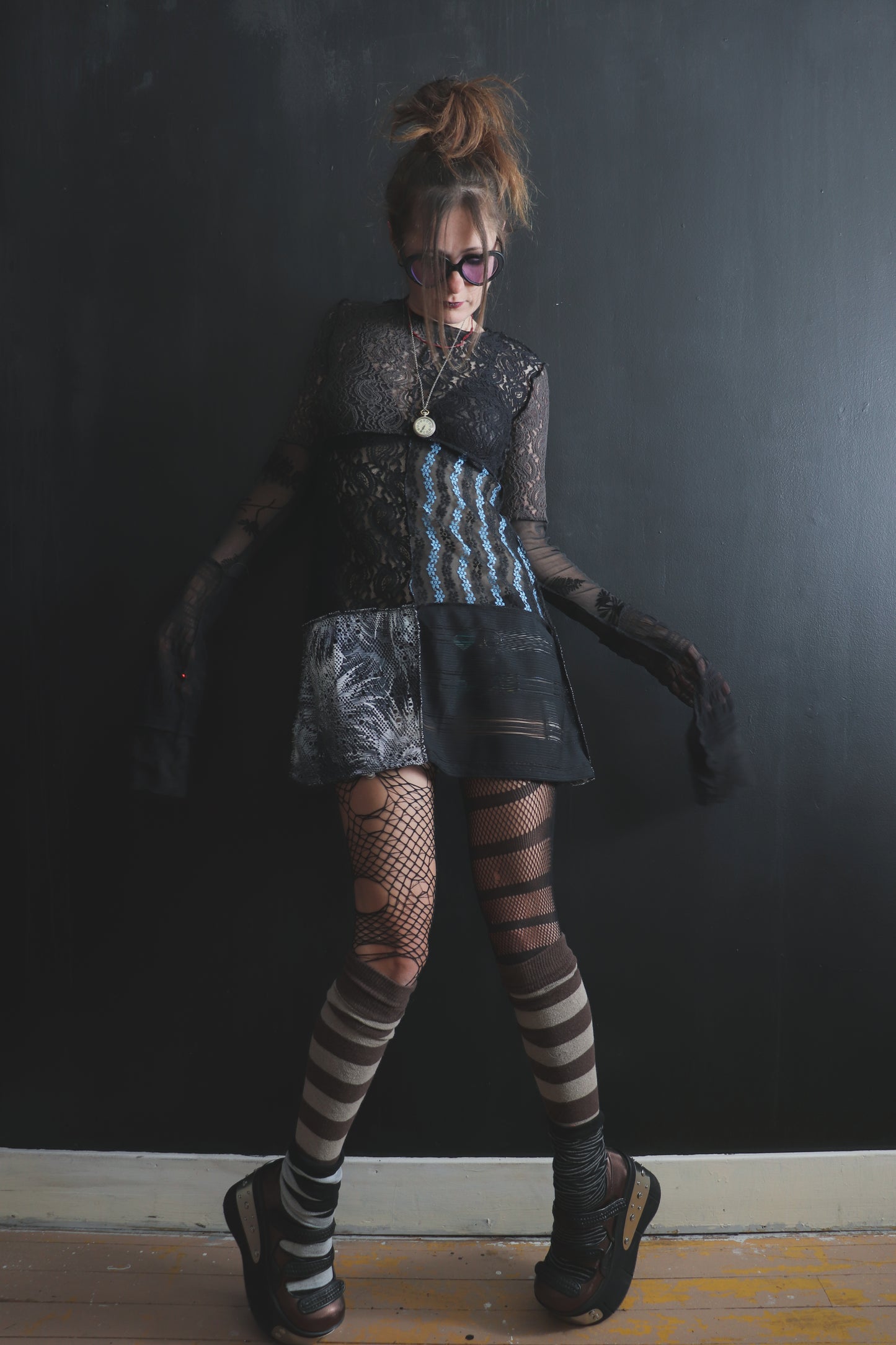 AndThenYoureFallingFurther (S, XL) Sheer Mod Mini Dress With Long Sleeves