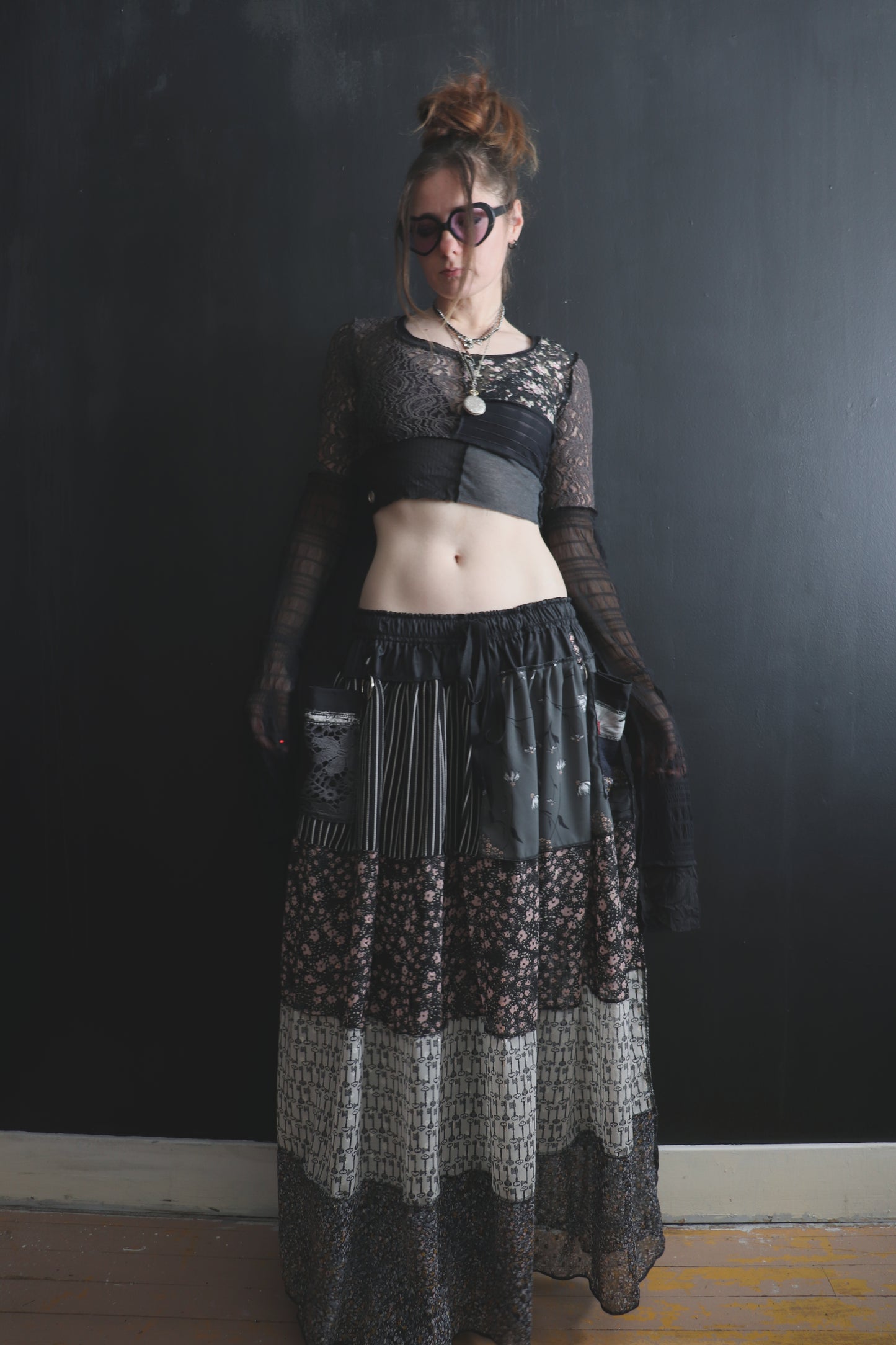 WannaDoWhatEveryoneWantsOnAWeekendNight (S) Long Sleeve Patchwork Mesh & Lace Crop Top
