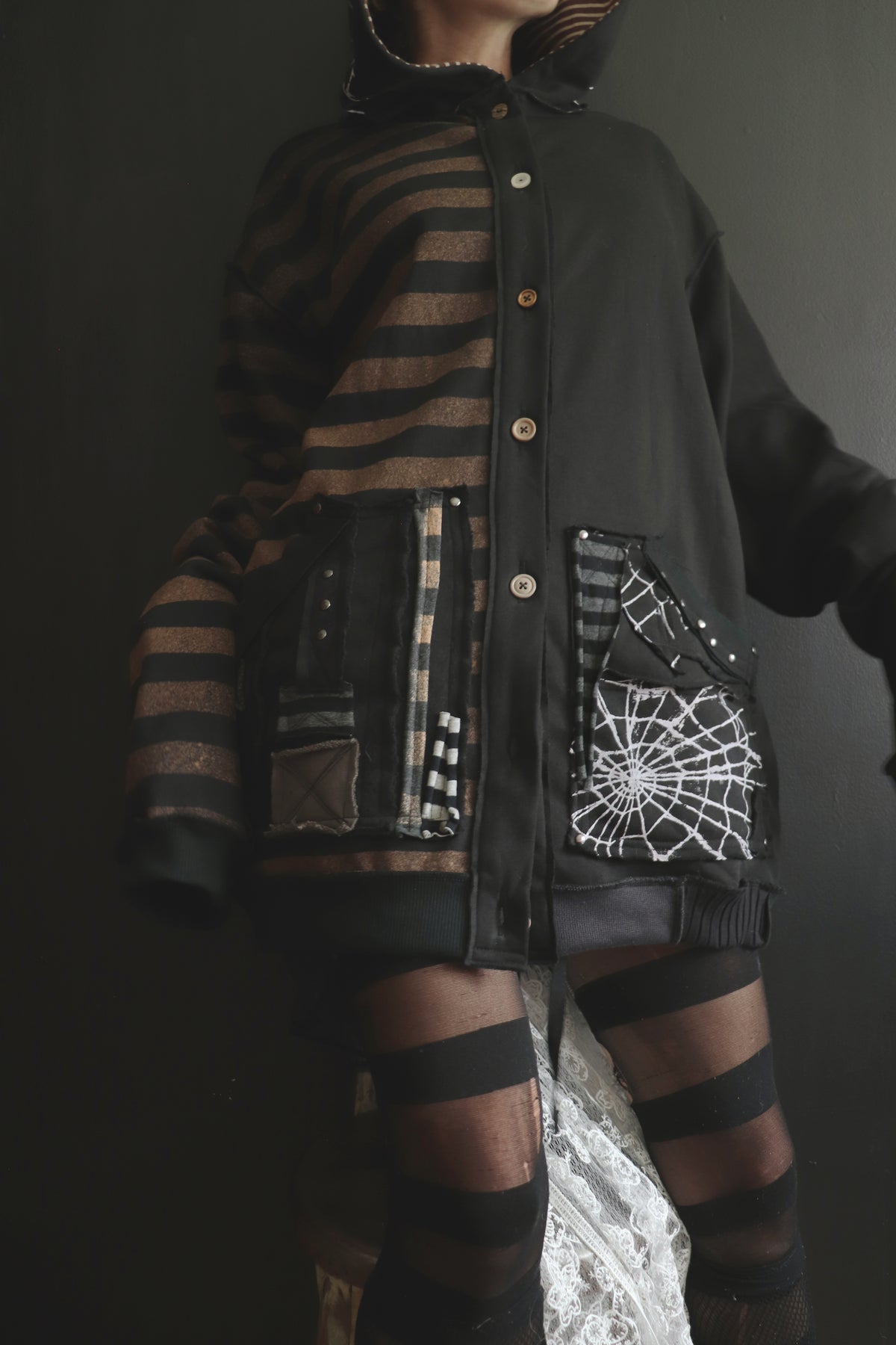 AsCuteAsAButton(One Size) Patchwork Button Up Hoodie Mixed Up Stripes And Webs
