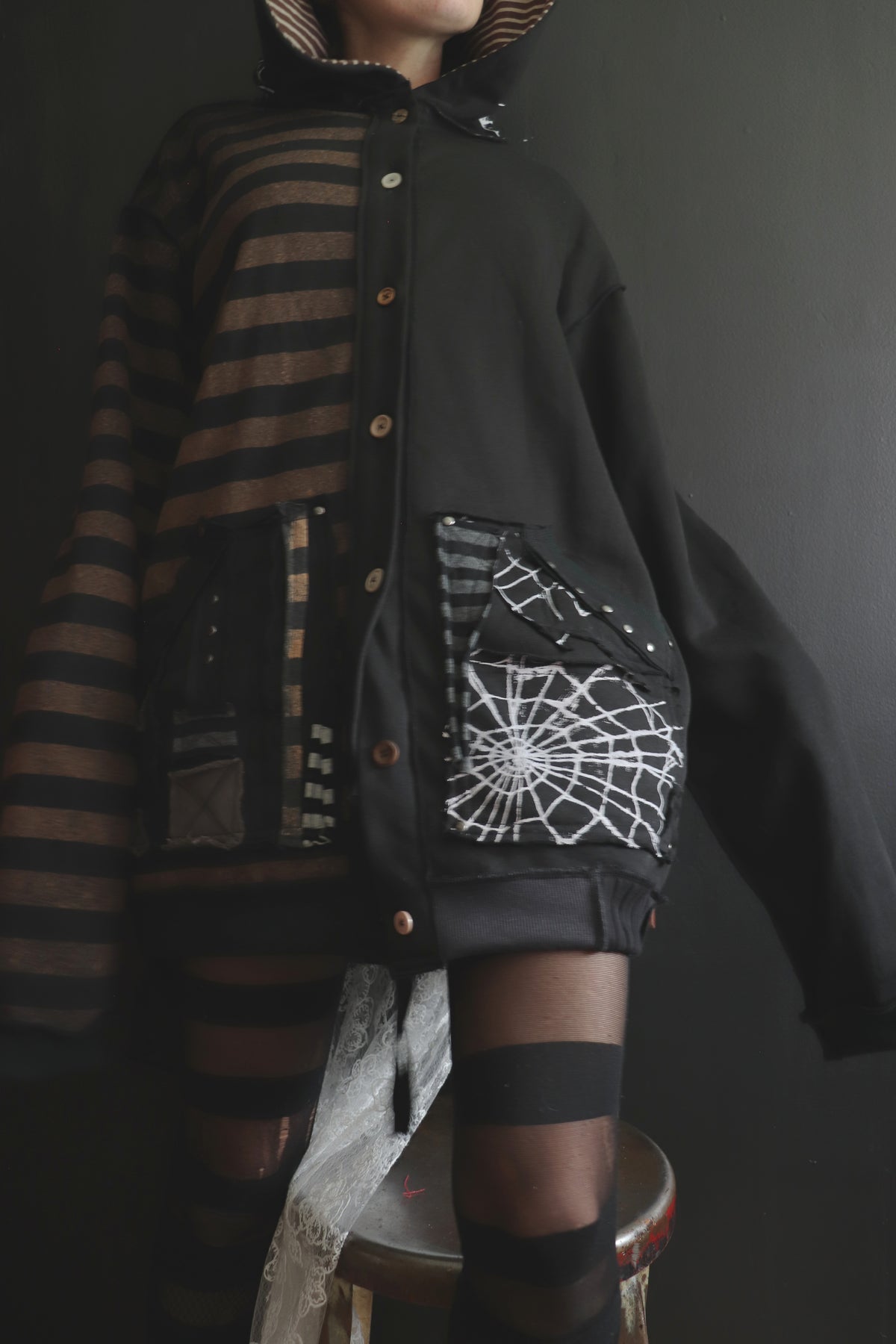 AsCuteAsAButton(One Size) Patchwork Button Up Hoodie Mixed Up Stripes And Webs