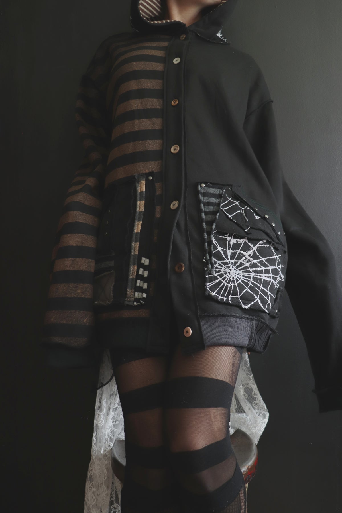 AsCuteAsAButton(One Size) Patchwork Button Up Hoodie Mixed Up Stripes And Webs