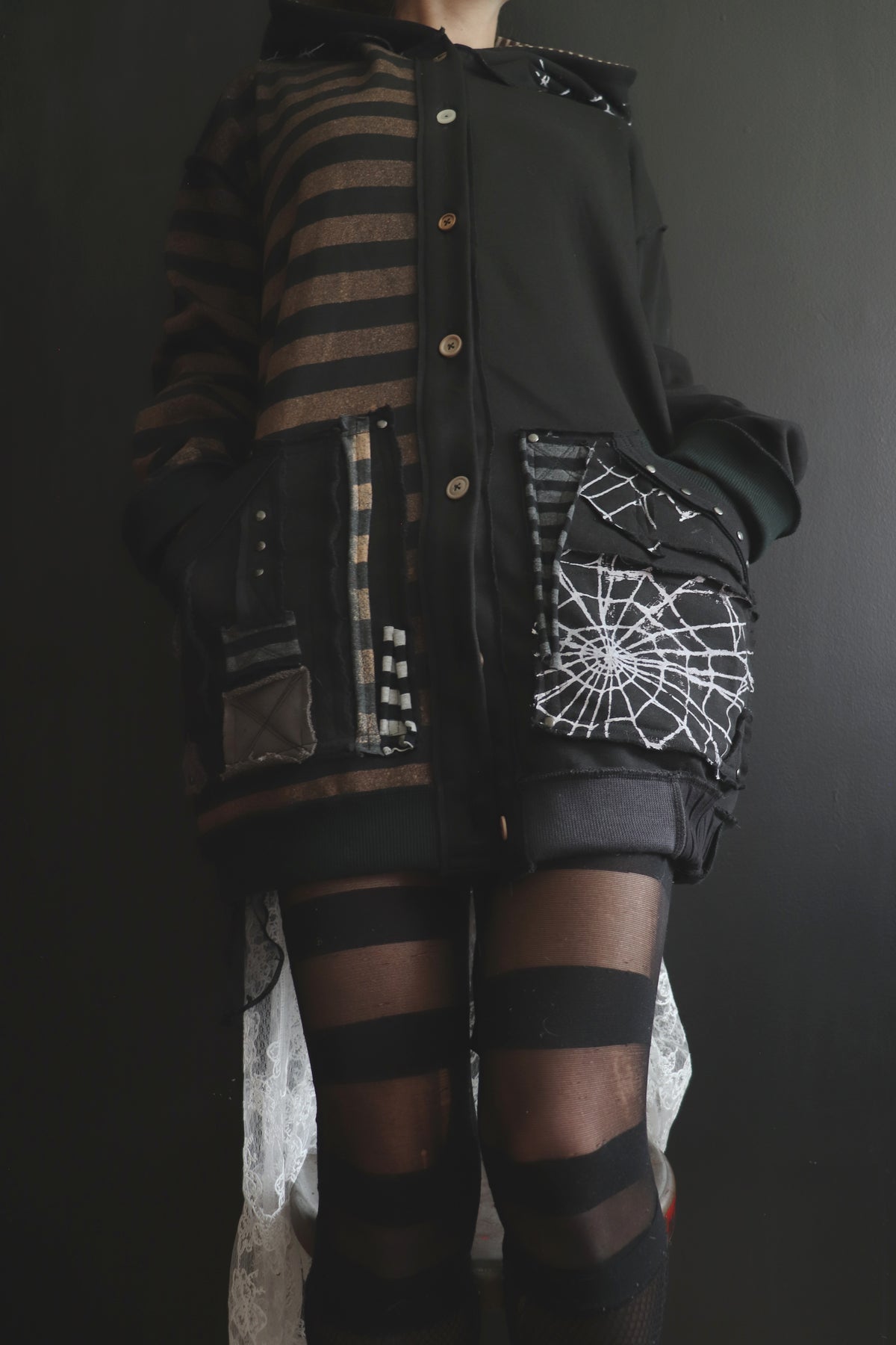 AsCuteAsAButton(One Size) Patchwork Button Up Hoodie Mixed Up Stripes And Webs