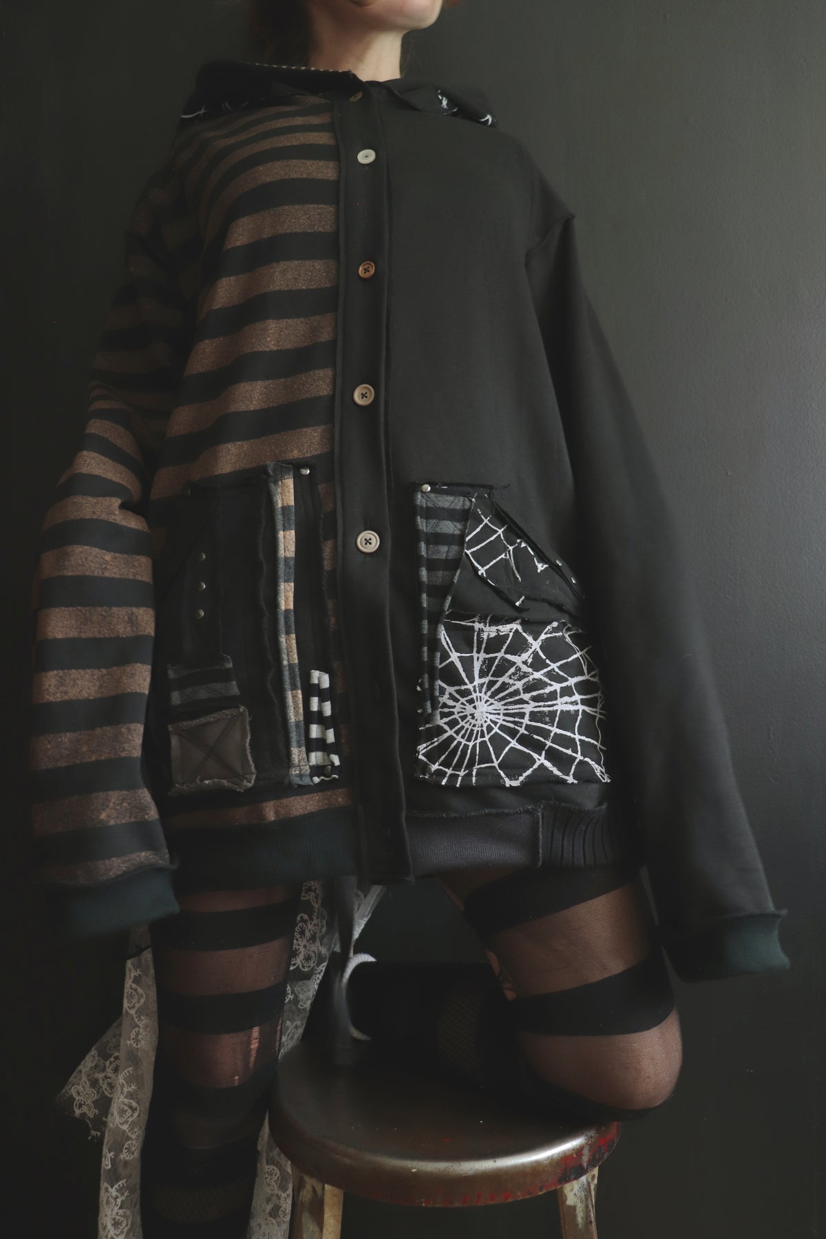 AsCuteAsAButton(One Size) Patchwork Button Up Hoodie Mixed Up Stripes And Webs
