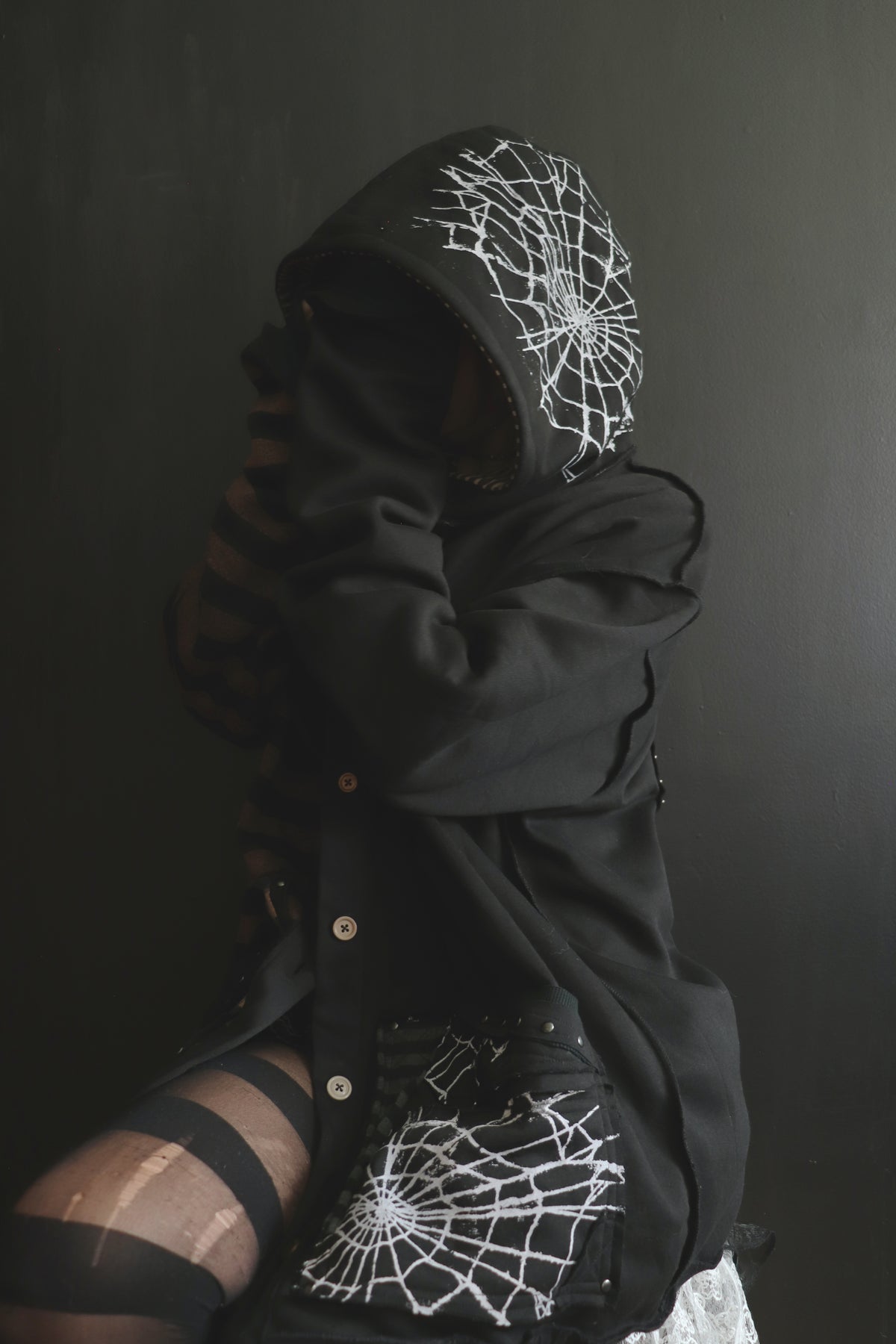 AsCuteAsAButton(One Size) Patchwork Button Up Hoodie Mixed Up Stripes And Webs