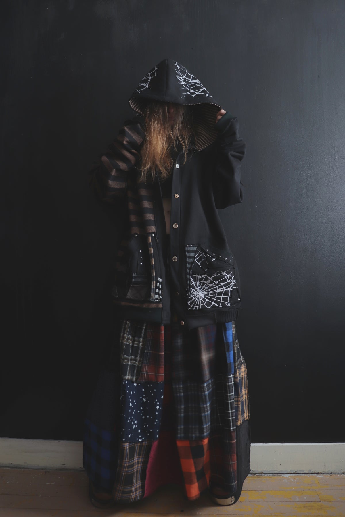 AsCuteAsAButton(One Size) Patchwork Button Up Hoodie Mixed Up Stripes And Webs