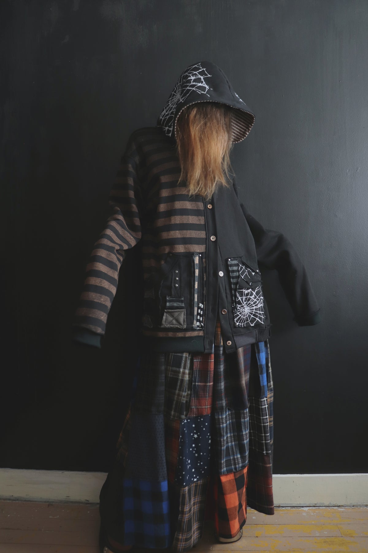 AsCuteAsAButton(One Size) Patchwork Button Up Hoodie Mixed Up Stripes And Webs