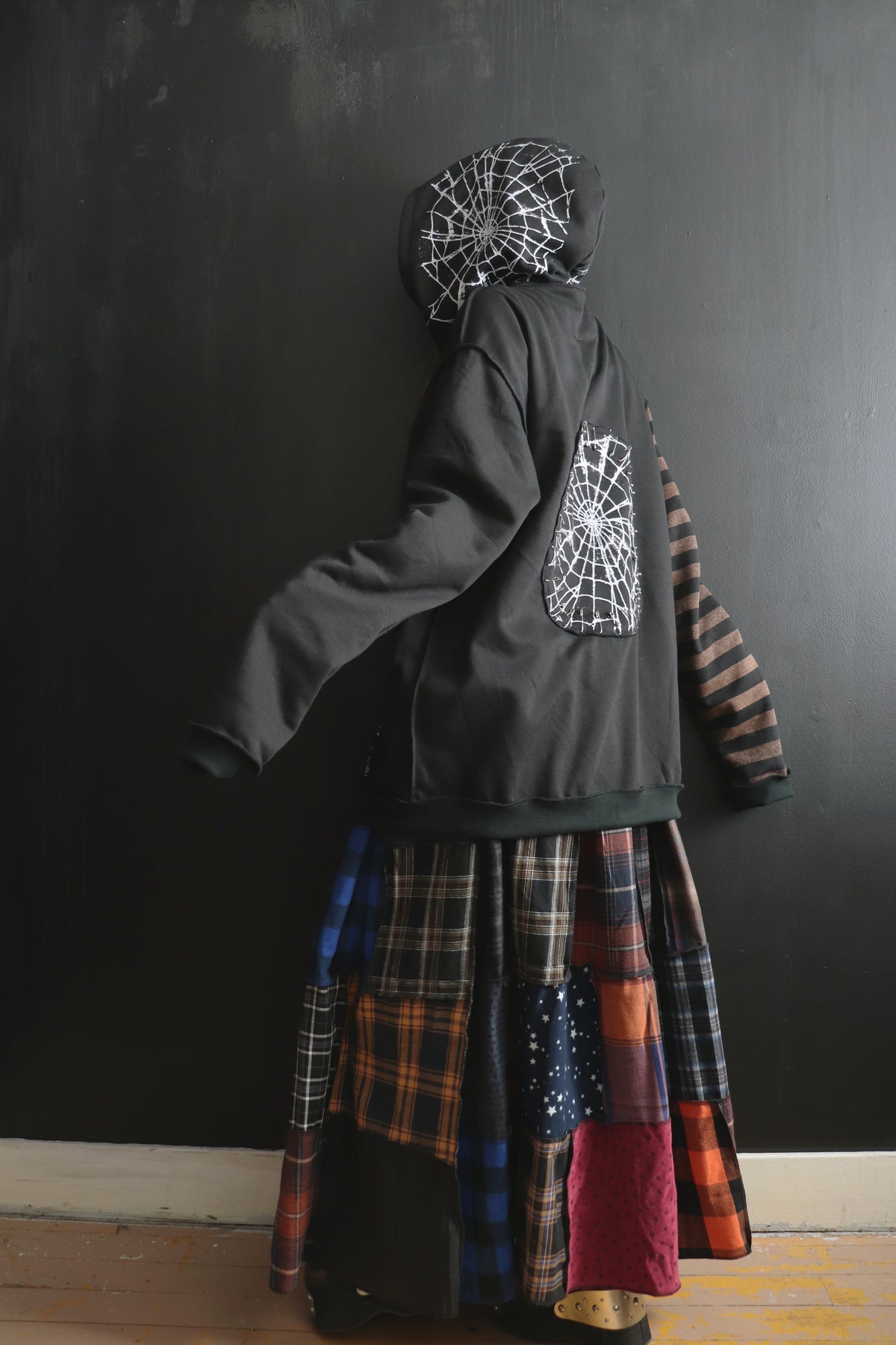 AsCuteAsAButton(One Size) Patchwork Button Up Hoodie Mixed Up Stripes And Webs