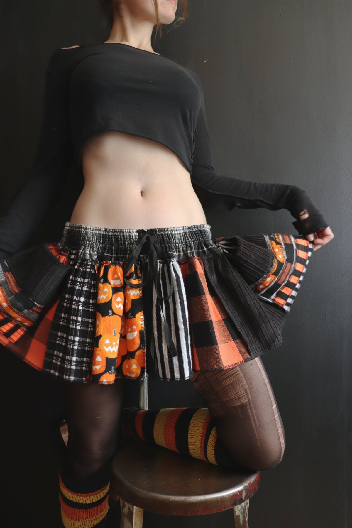 IStillThinkOfYou (One Size) Cotton Patch Mini Skirt With Pockets Jack O Lantern Love