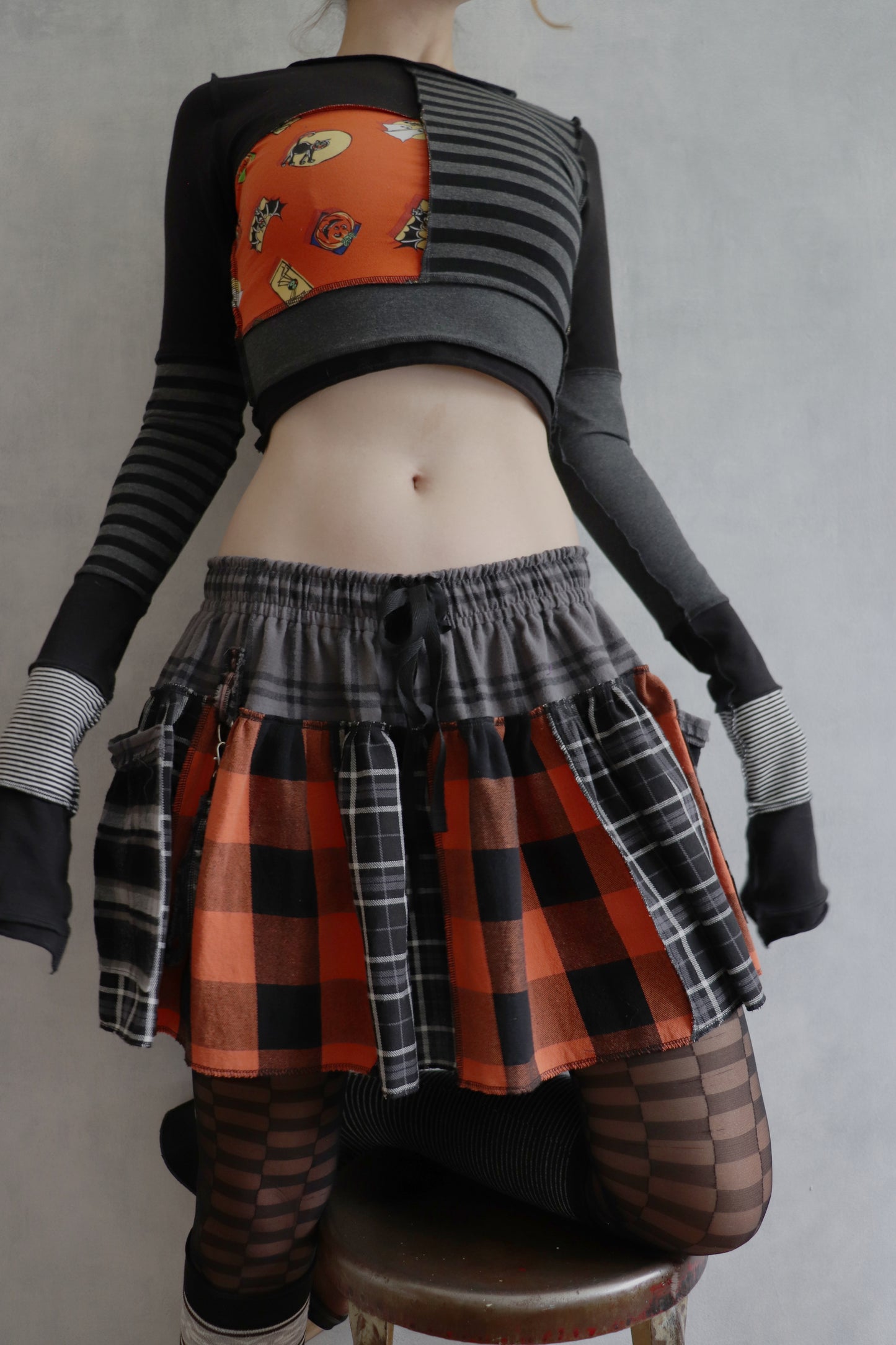 ReversingThePotion (S) Long Sleeve Patchwork Crop Top Shirt Spooky Mix